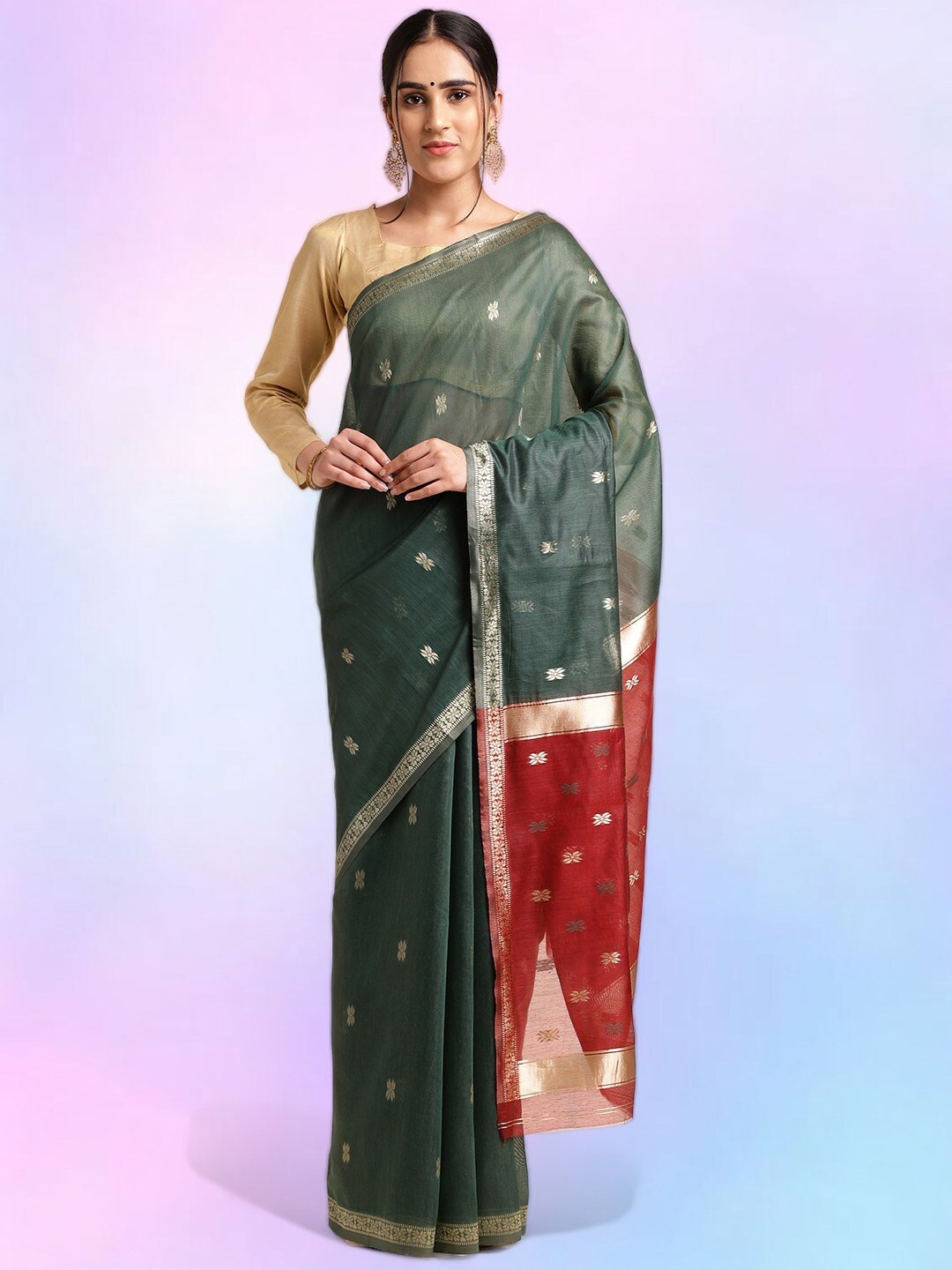 

MORLY Floral Woven Design Zari Kanjeevaram Saree, Green