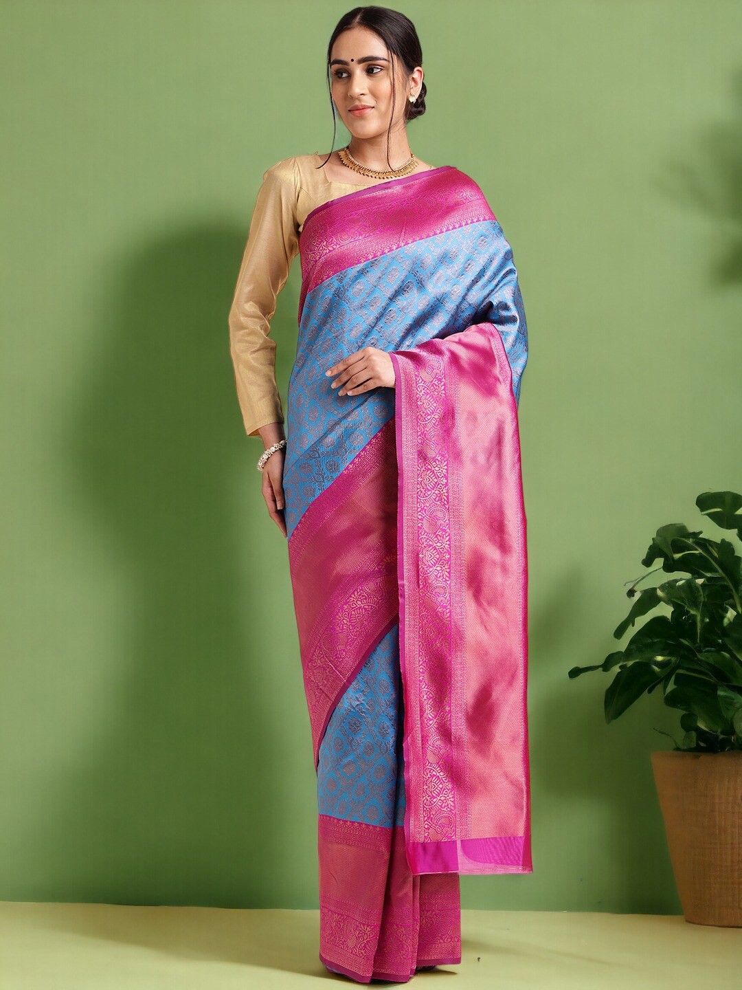

MORLY Floral Woven Design Zari Kanjeevaram Saree, Blue