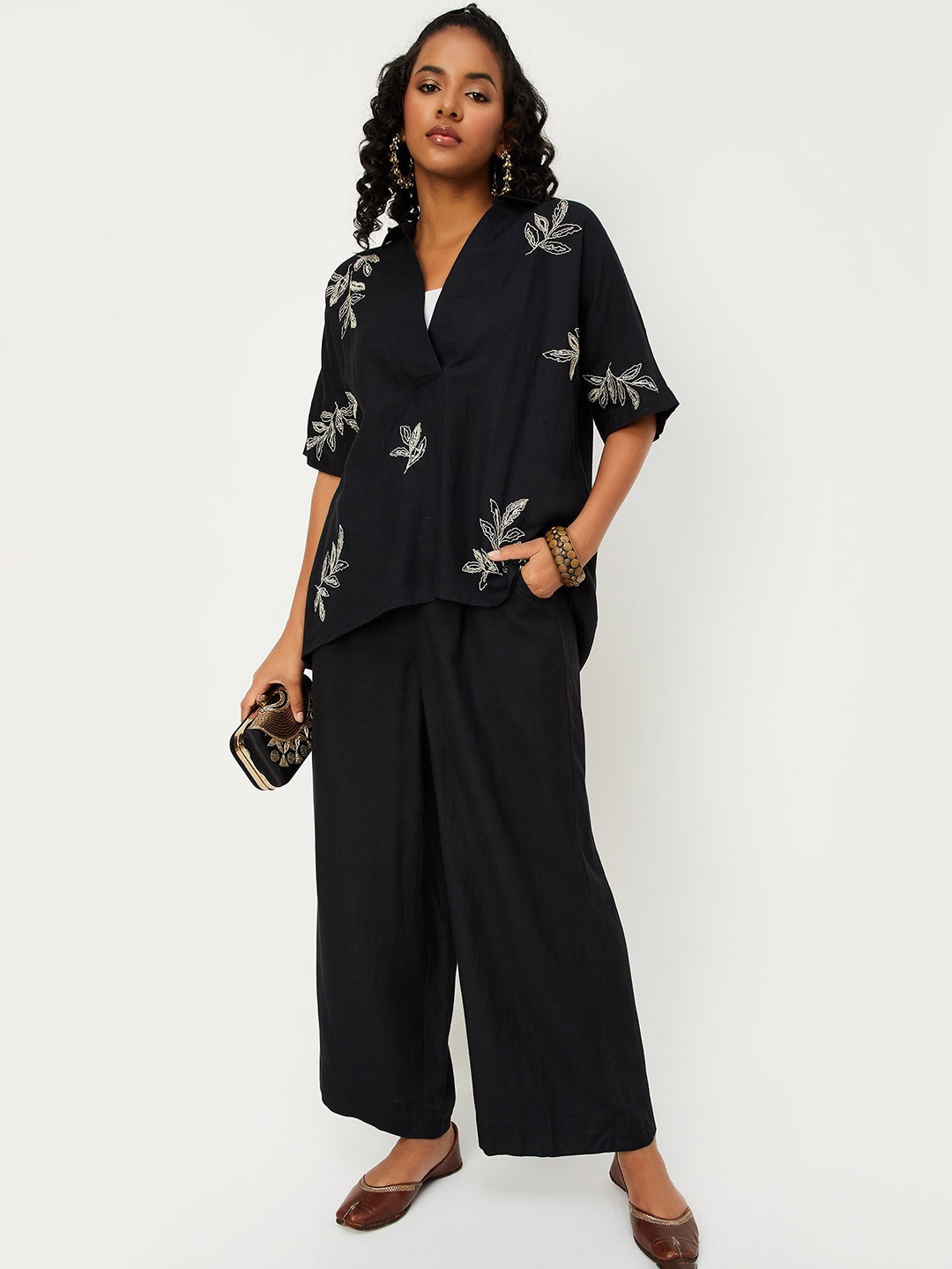 

max Embroidered Shirt Collar Top With Palazzos Co-Ords, Black