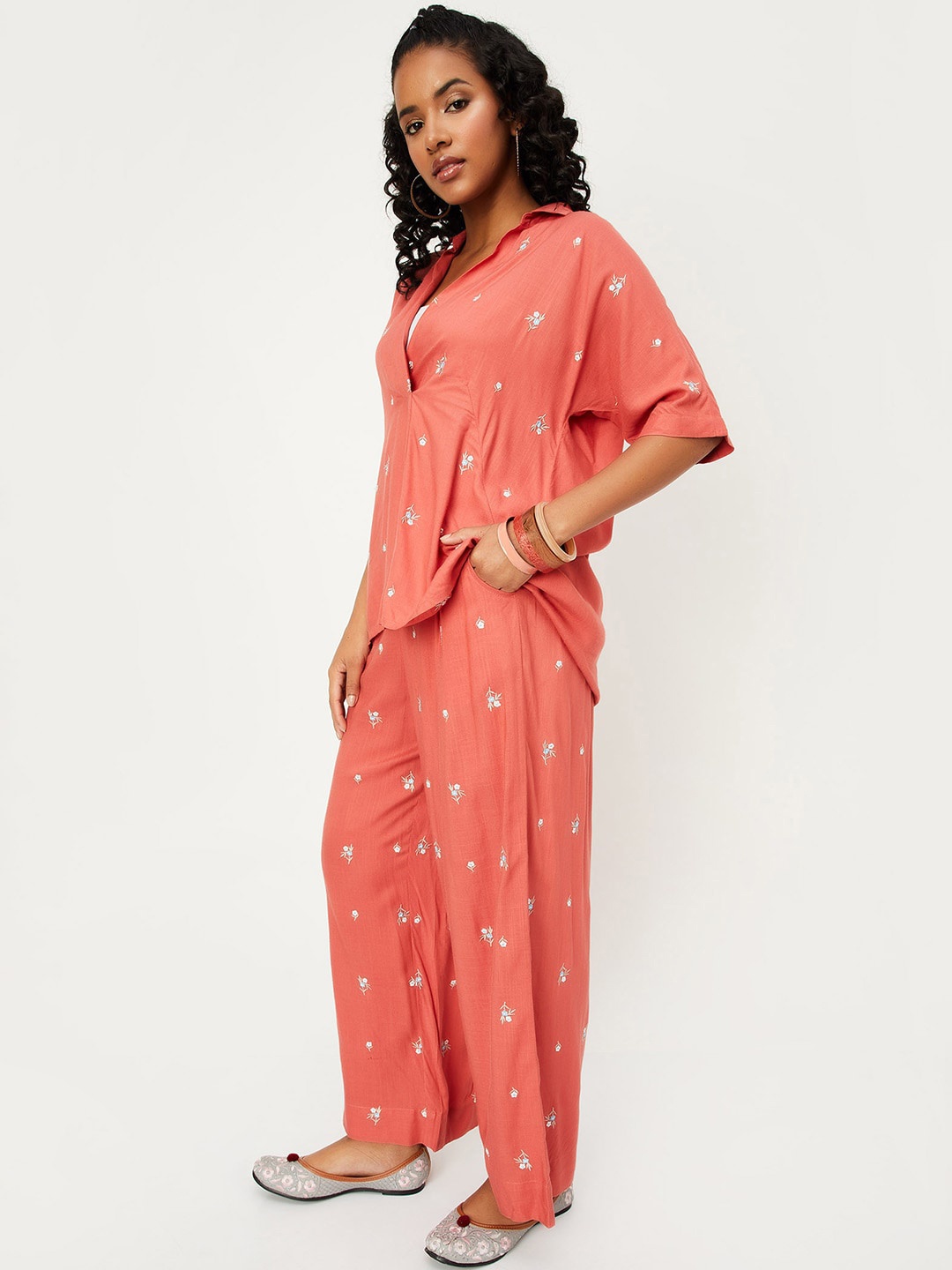 

max Floral Embroidered Shirt Collar Top With Palazzos, Rust