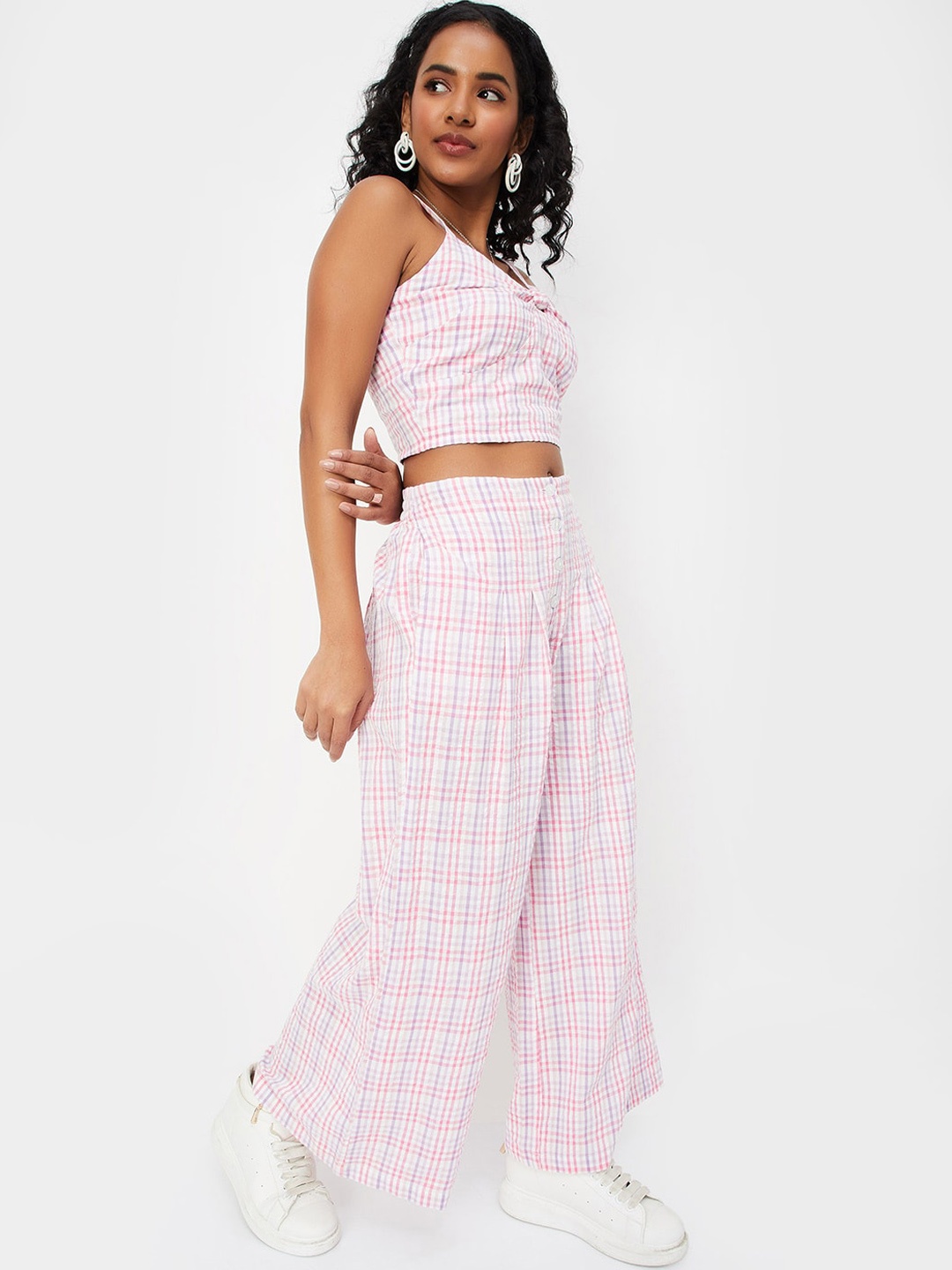 

max Checked Shoulder Straps Pure Cotton Crop Top & Mid-Rise Trouser Co-Ords, Pink