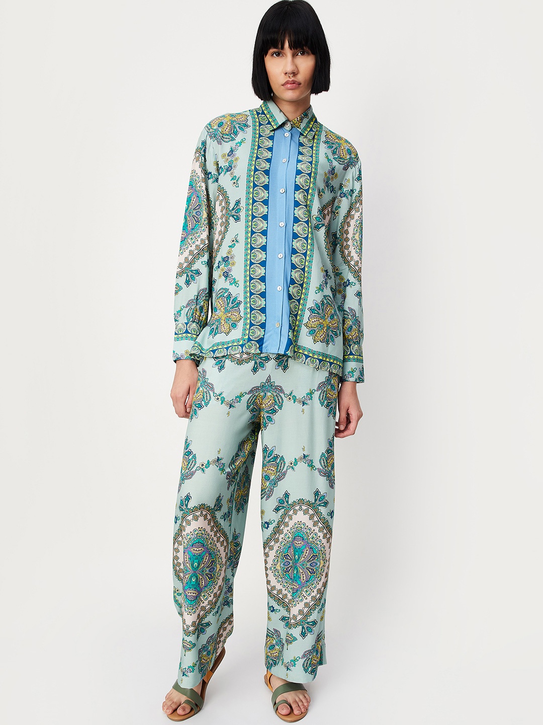 

max Women Printed Collar Shirt With Trousers Co-Ords, Blue