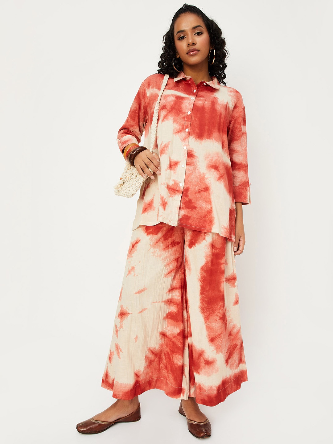 

max Dyed Collar Neck Shirt & Mid-Rise Palazzo Co-Ords, Brown