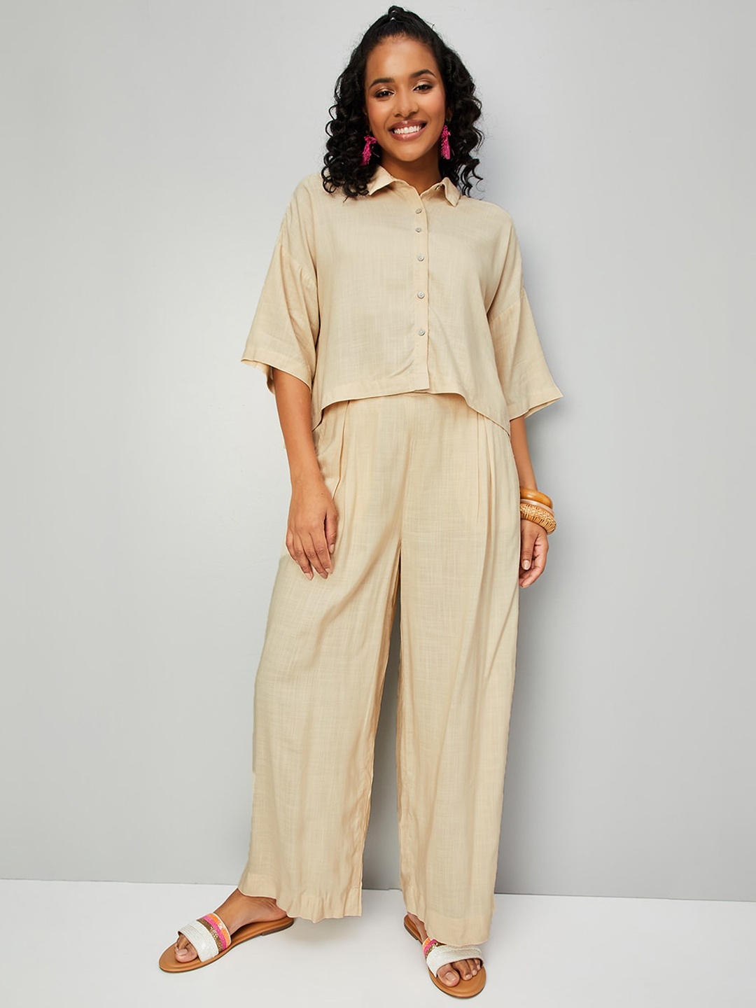 

max Short Sleeves Collar Shirt With Trousers Co-Ords, Beige