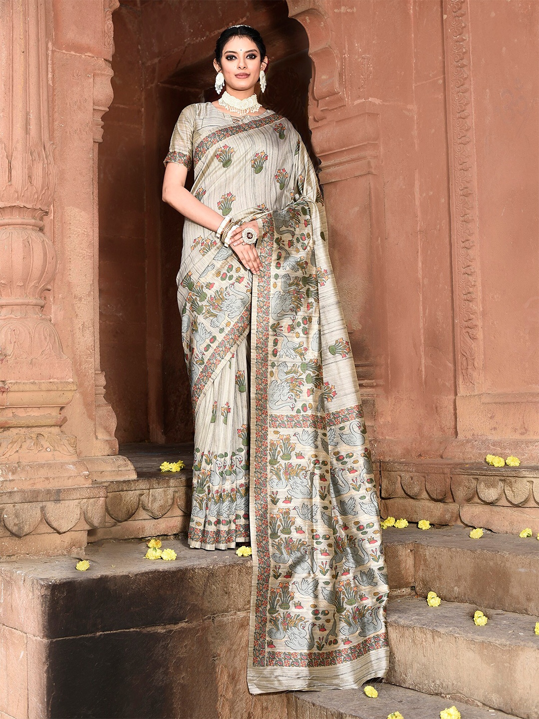 elora Floral Printed Tussar Saree, Grey