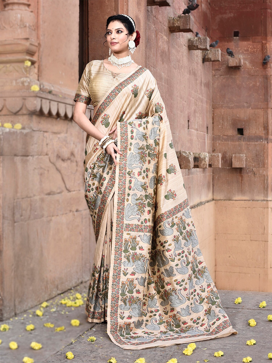 elora Floral Printed Tussar Saree, Beige
