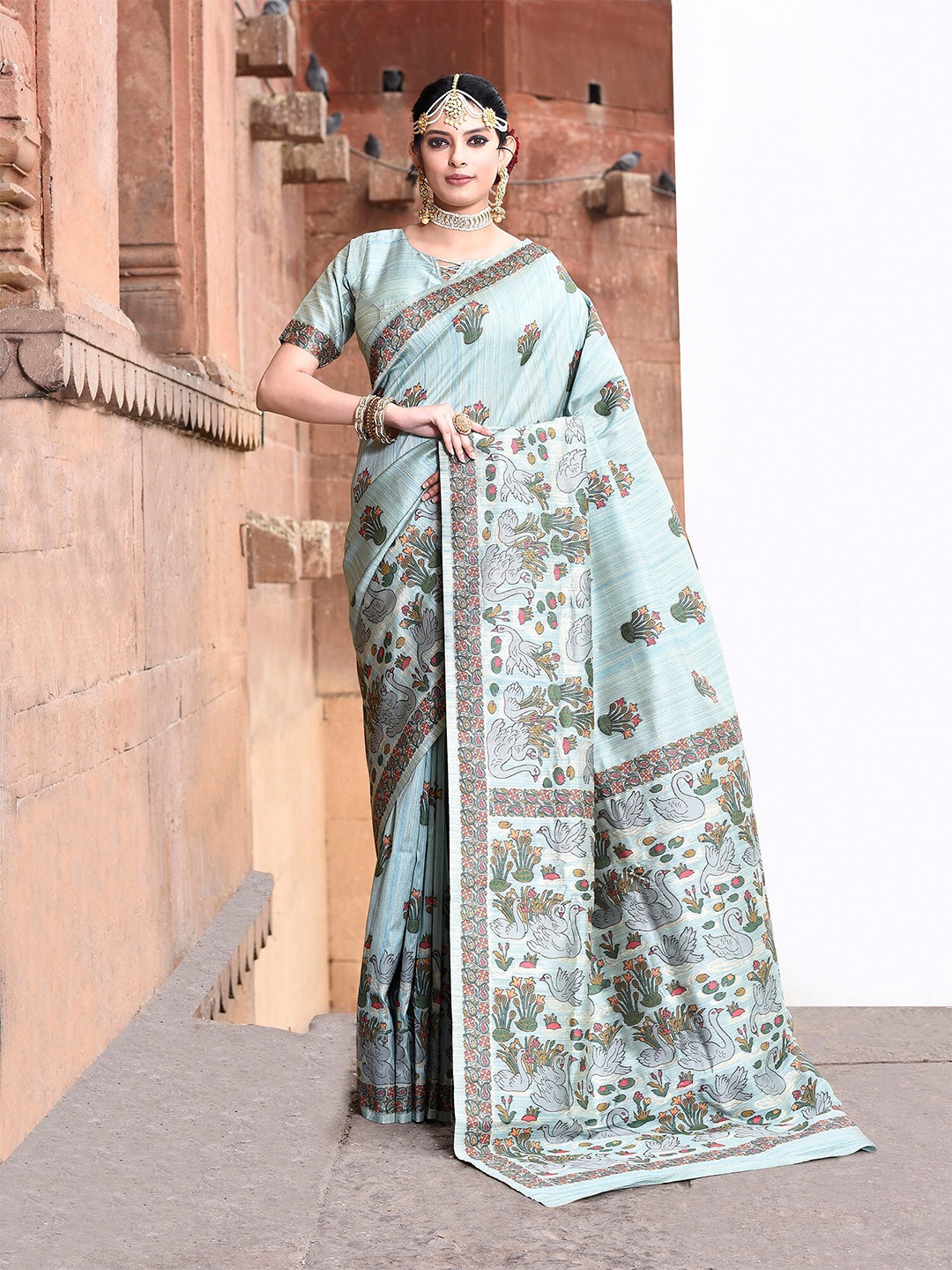 

elora Floral Printed Tussar Saree, Turquoise blue