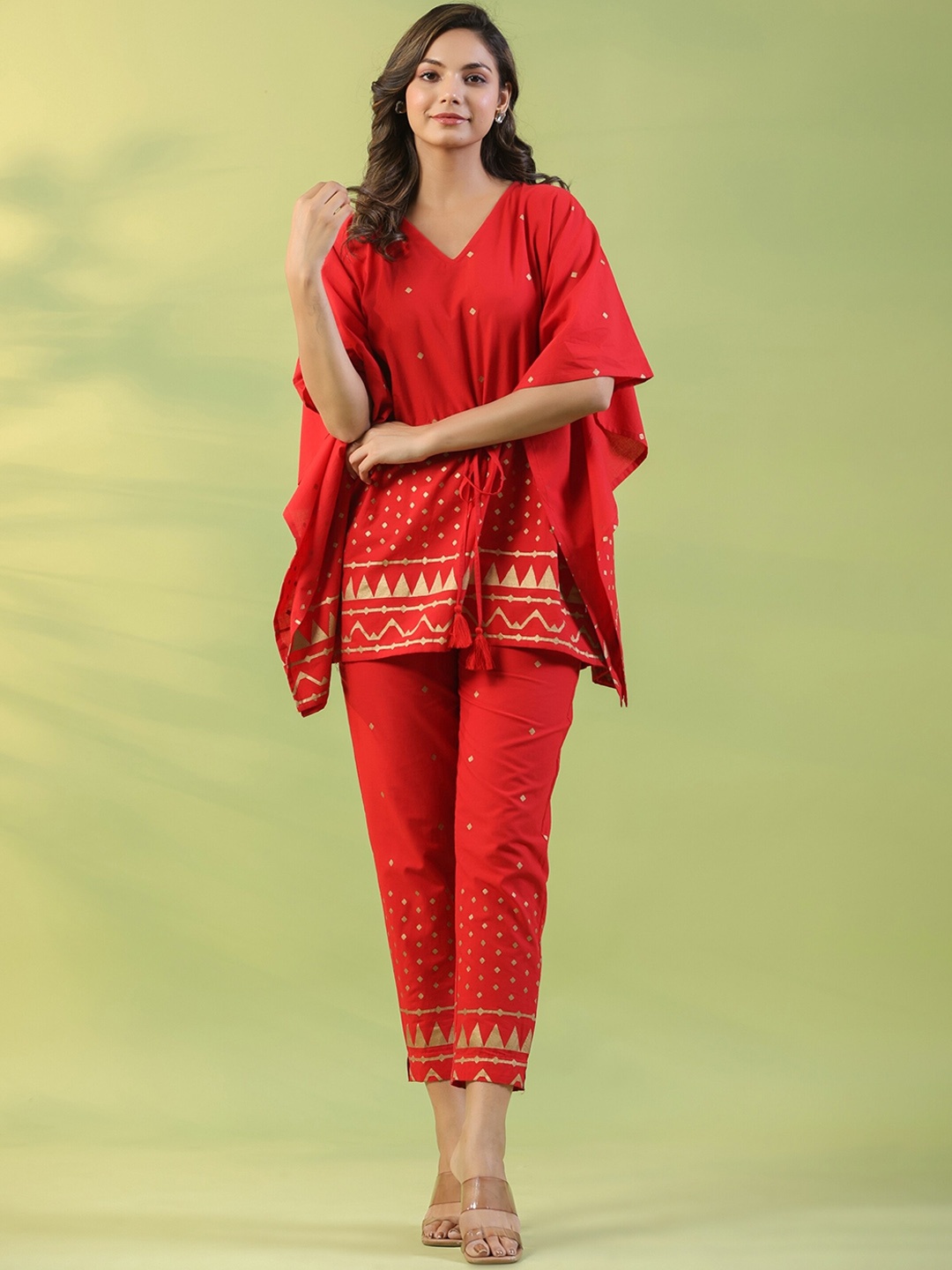 

mirari Printed V-Neck Kaftan Top & Trouser, Red