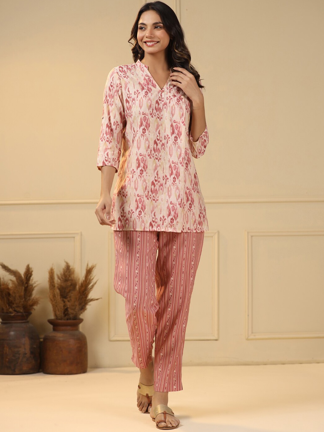 

mirari Printed V-Neck Pure Cotton Top With Trouser, Pink