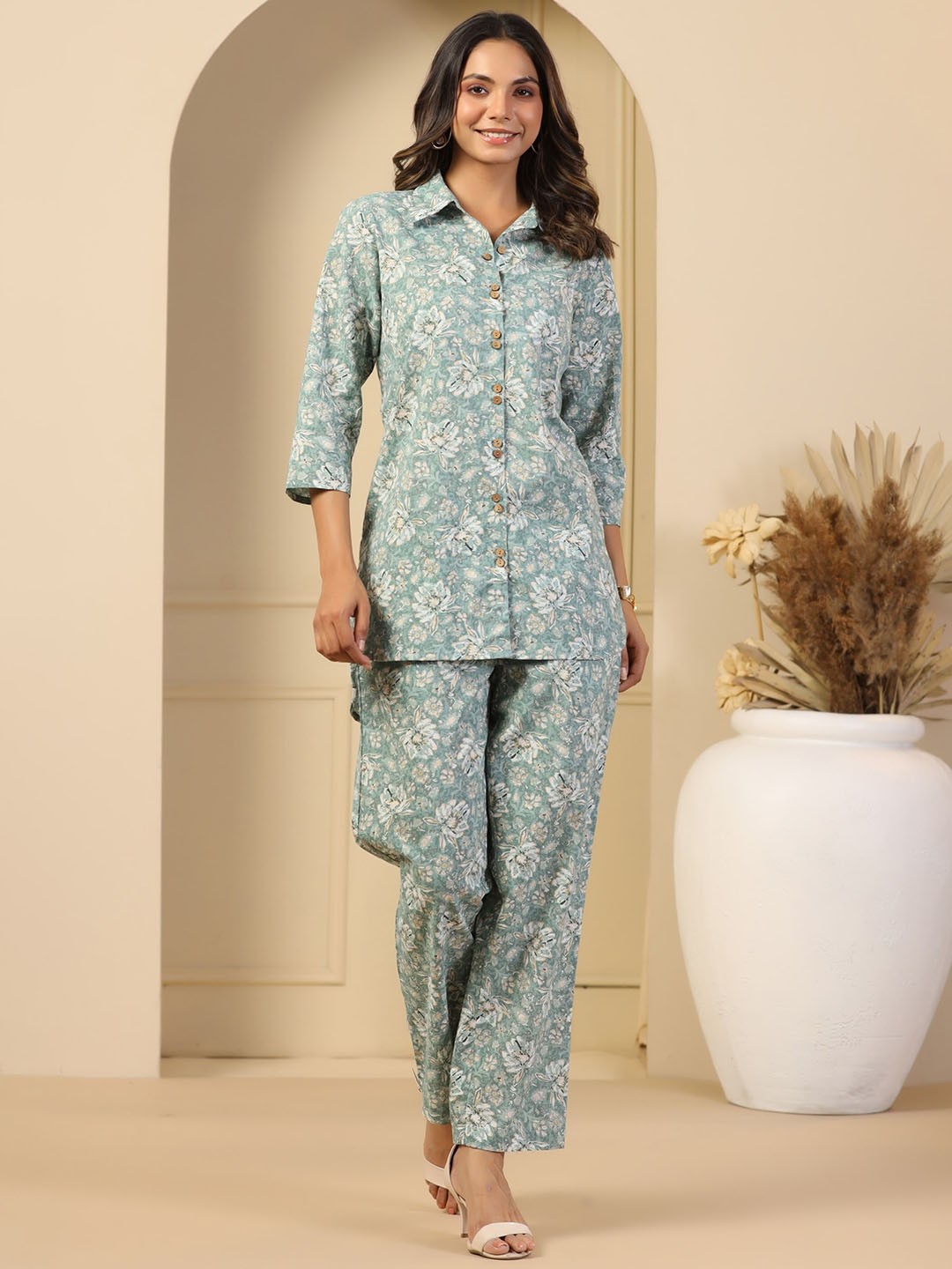 

mirari Floral Printed Pure Cotton Shirt With Trouser, Green