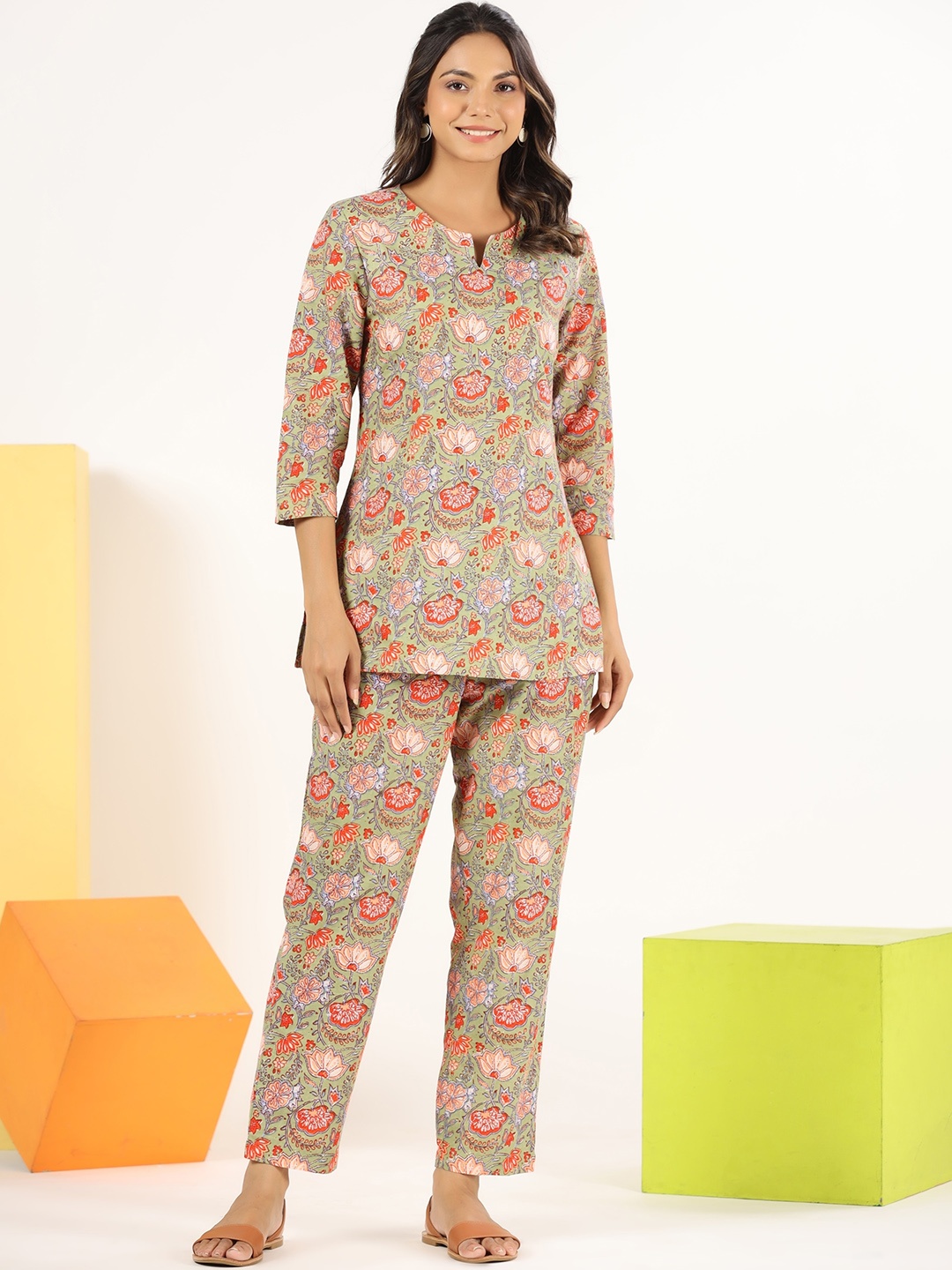 

mirari Floral Printed Pure Cotton Top With Trouser, Green