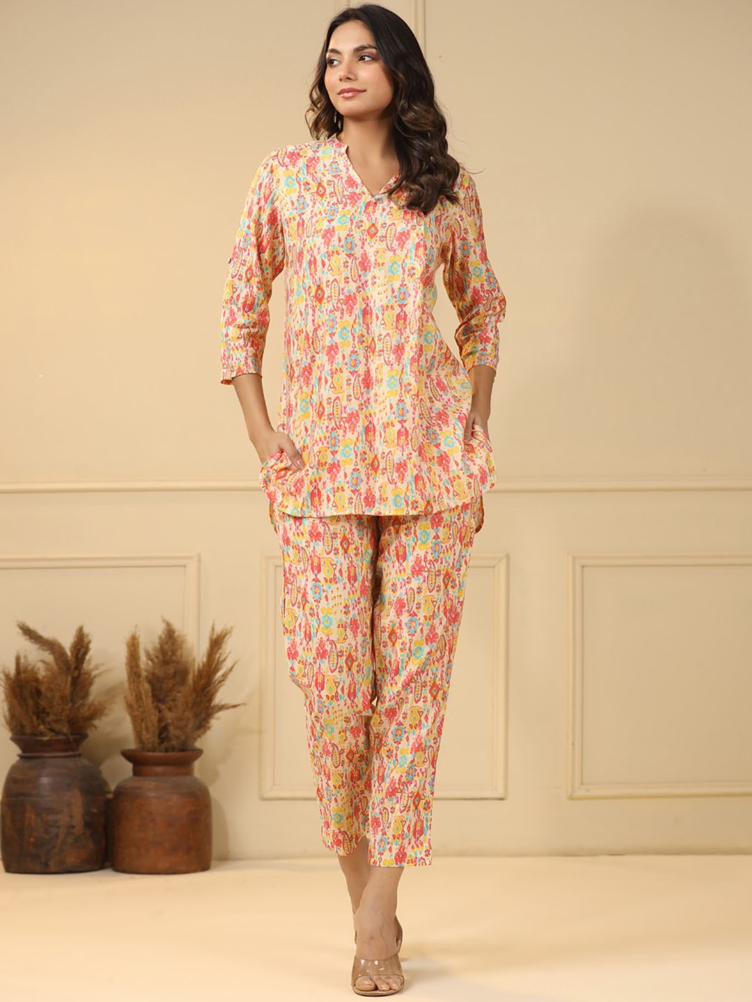 

mirari Printed Mandarin Collar Pure Cotton Top With Trouser, Red