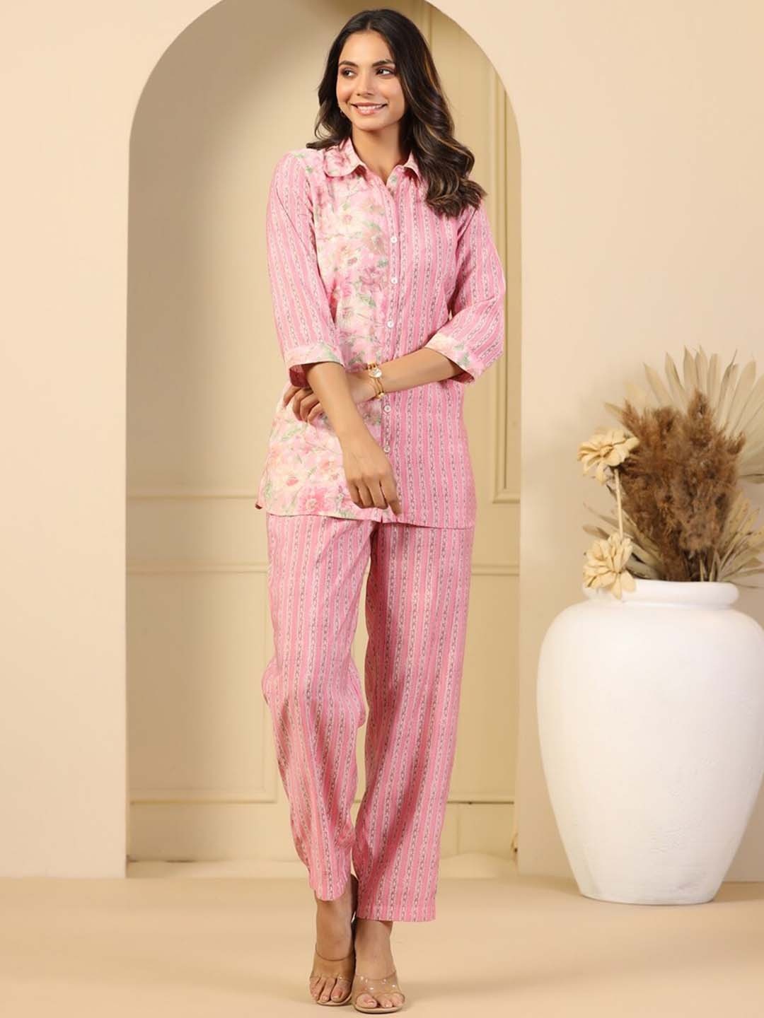 

mirari Printed Shirt Collar Pure Cotton Shirt With Trouser, Pink