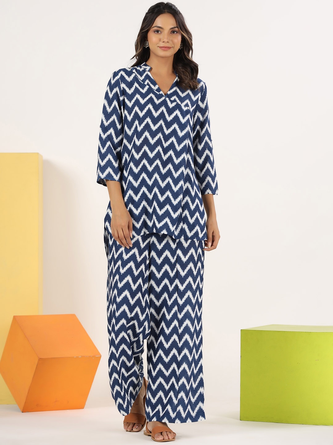 

mirari Printed Mandarin Collar Pure Cotton Top With Palazzo, Blue
