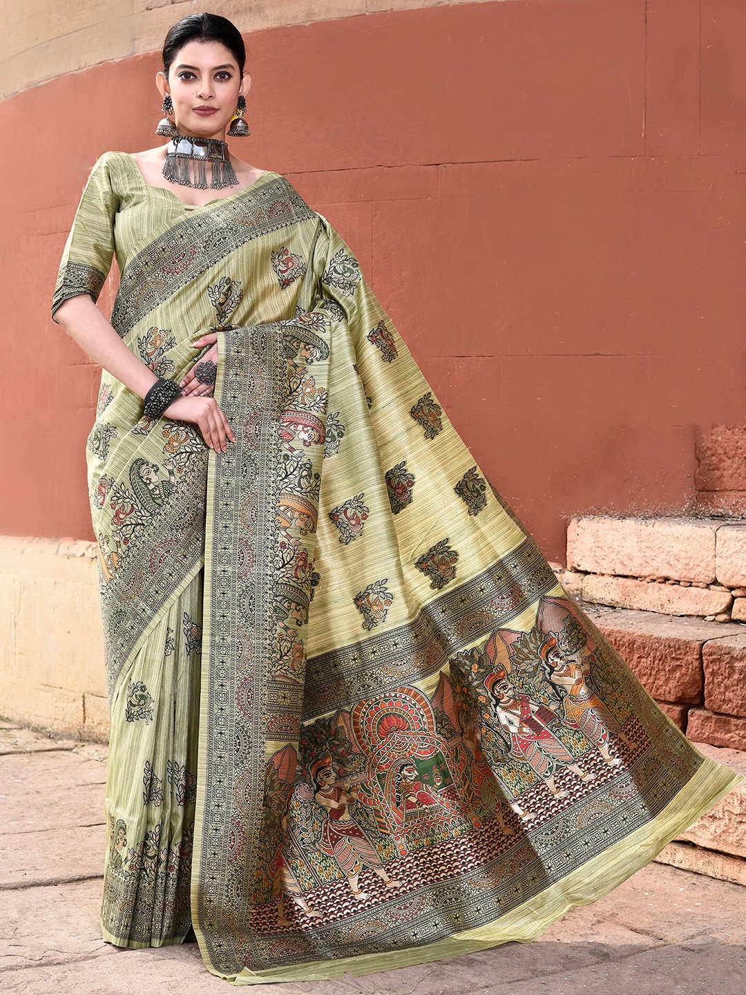 

elora Ethnic Motifs Woven Design Tussar Saree, Green