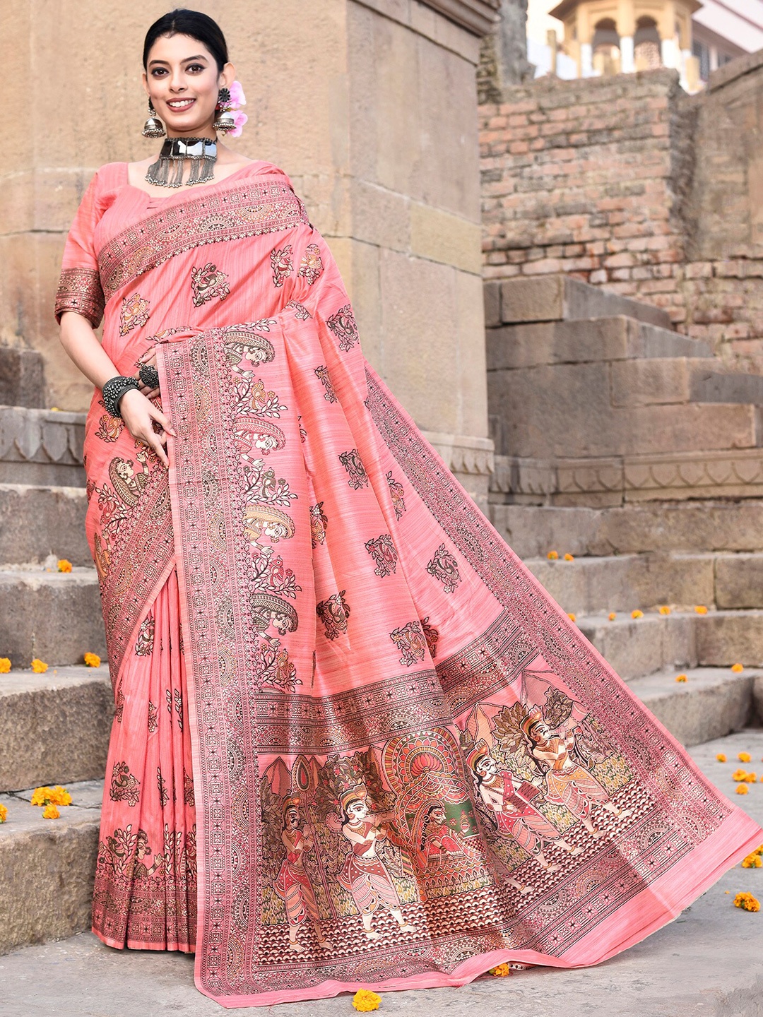 

elora Ethnic Motifs Woven Design Tussar Saree, Pink
