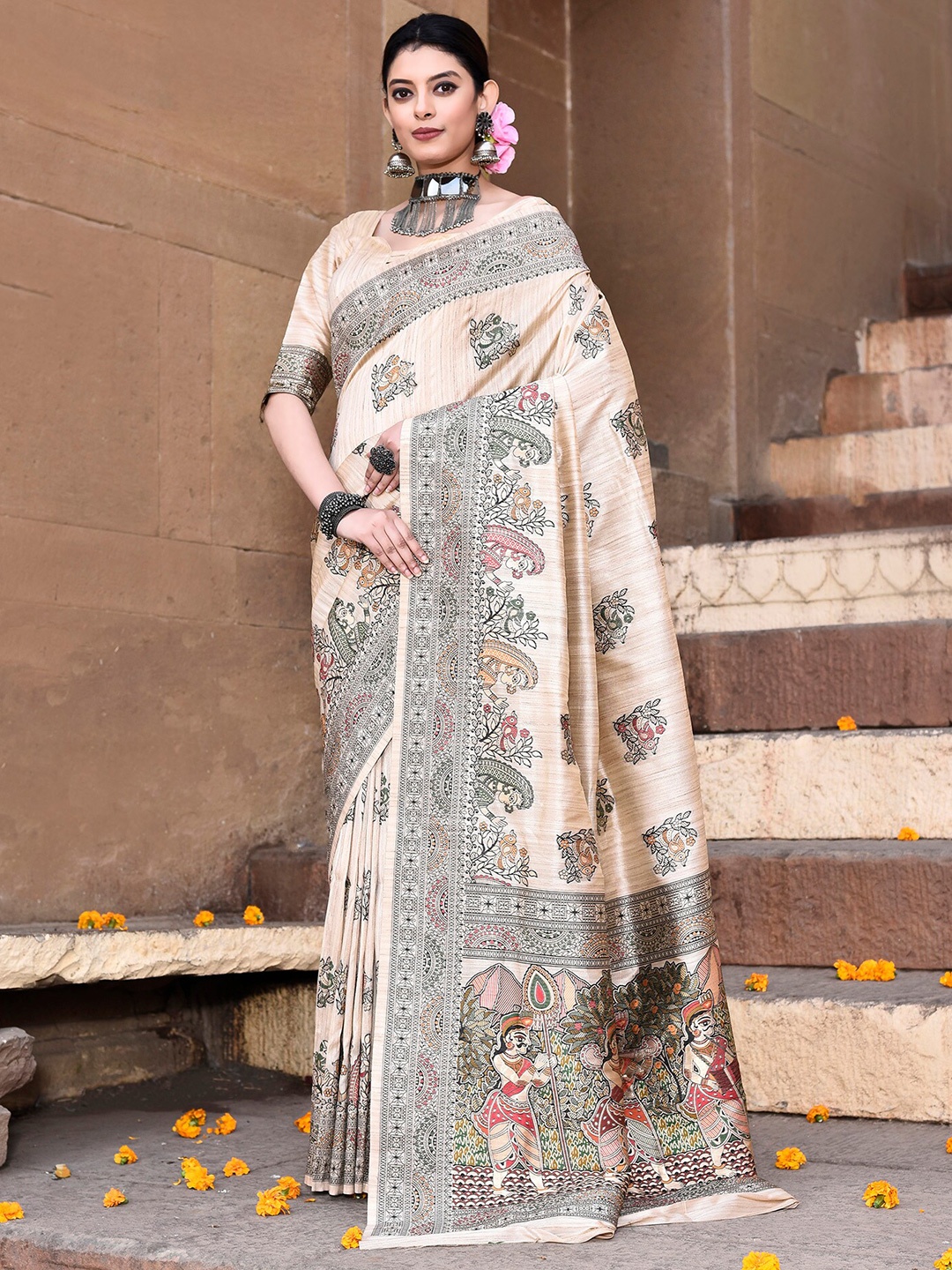 

elora Floral Printed Tussar Saree, Cream
