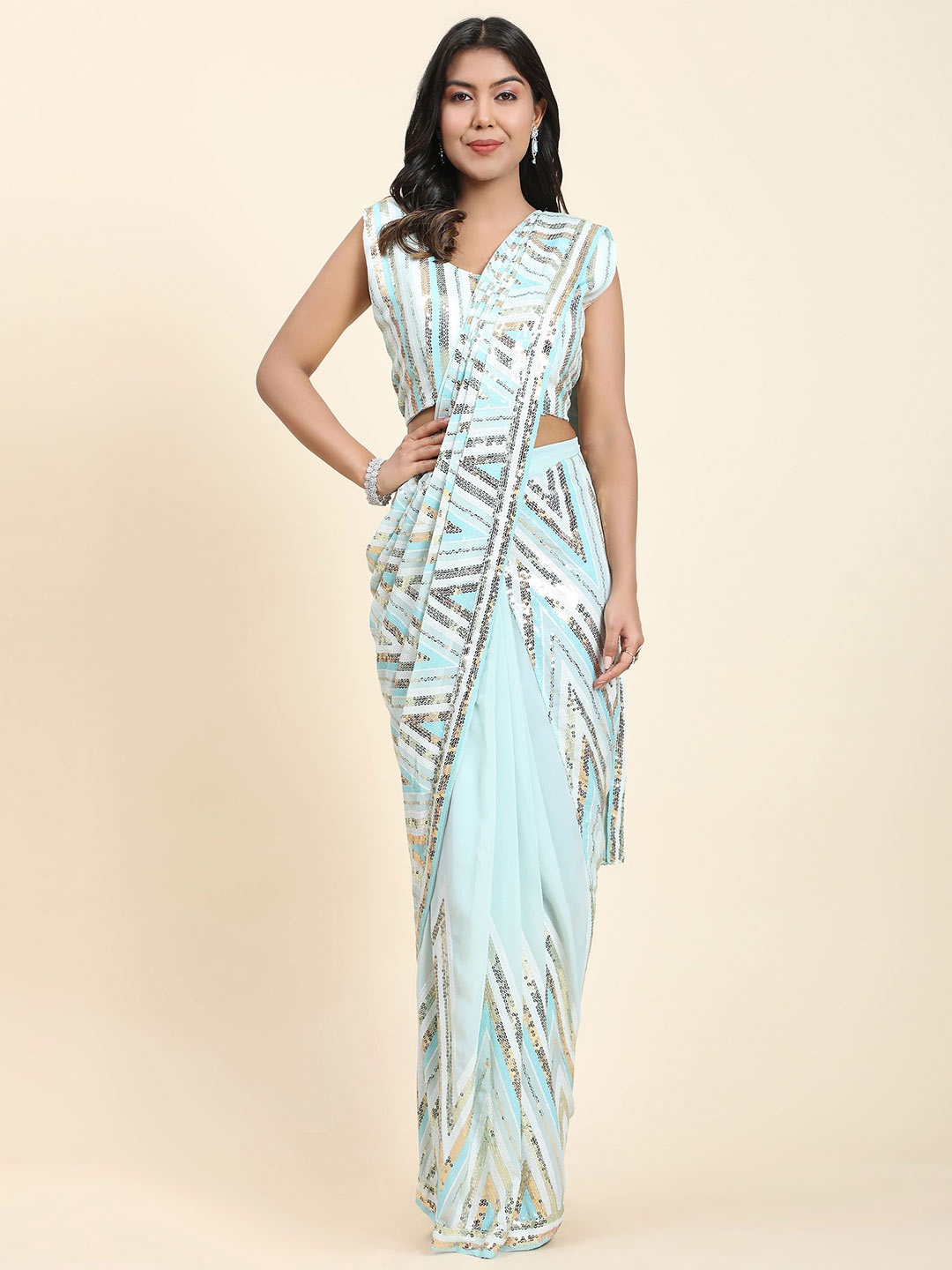 

AMOHA TRENDZ Geometric Embellished Sequinned Ready to Wear Saree, Turquoise blue