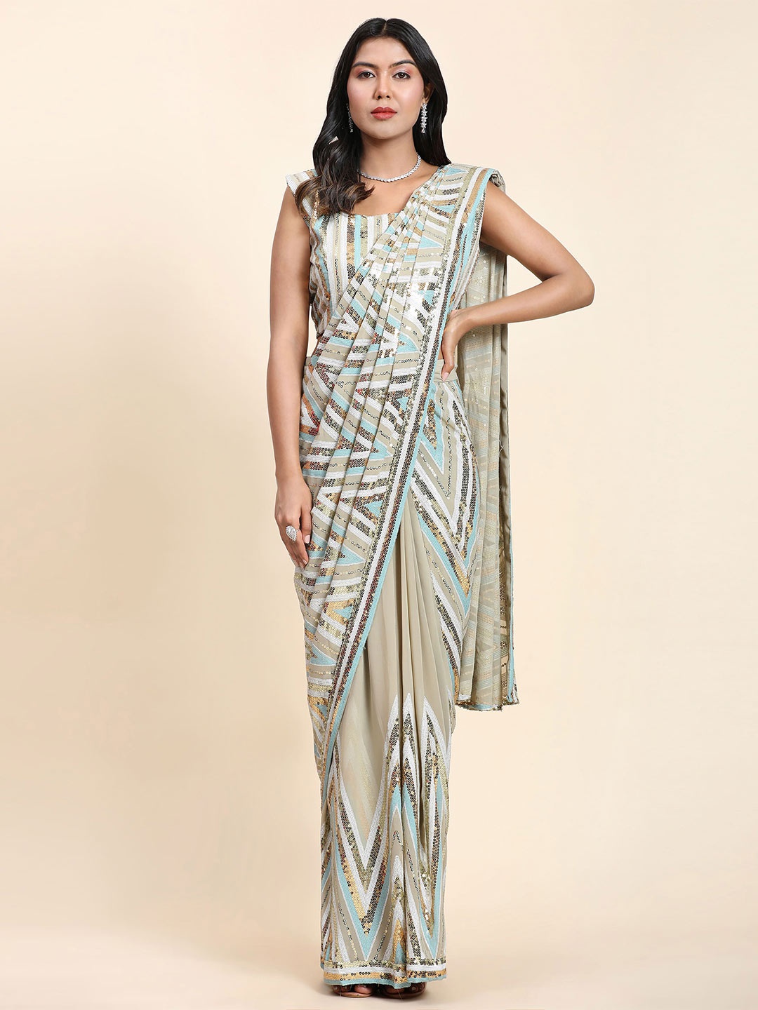 

AMOHA TRENDZ Geometric Embellished Sequinned Ready to Wear Saree, Cream
