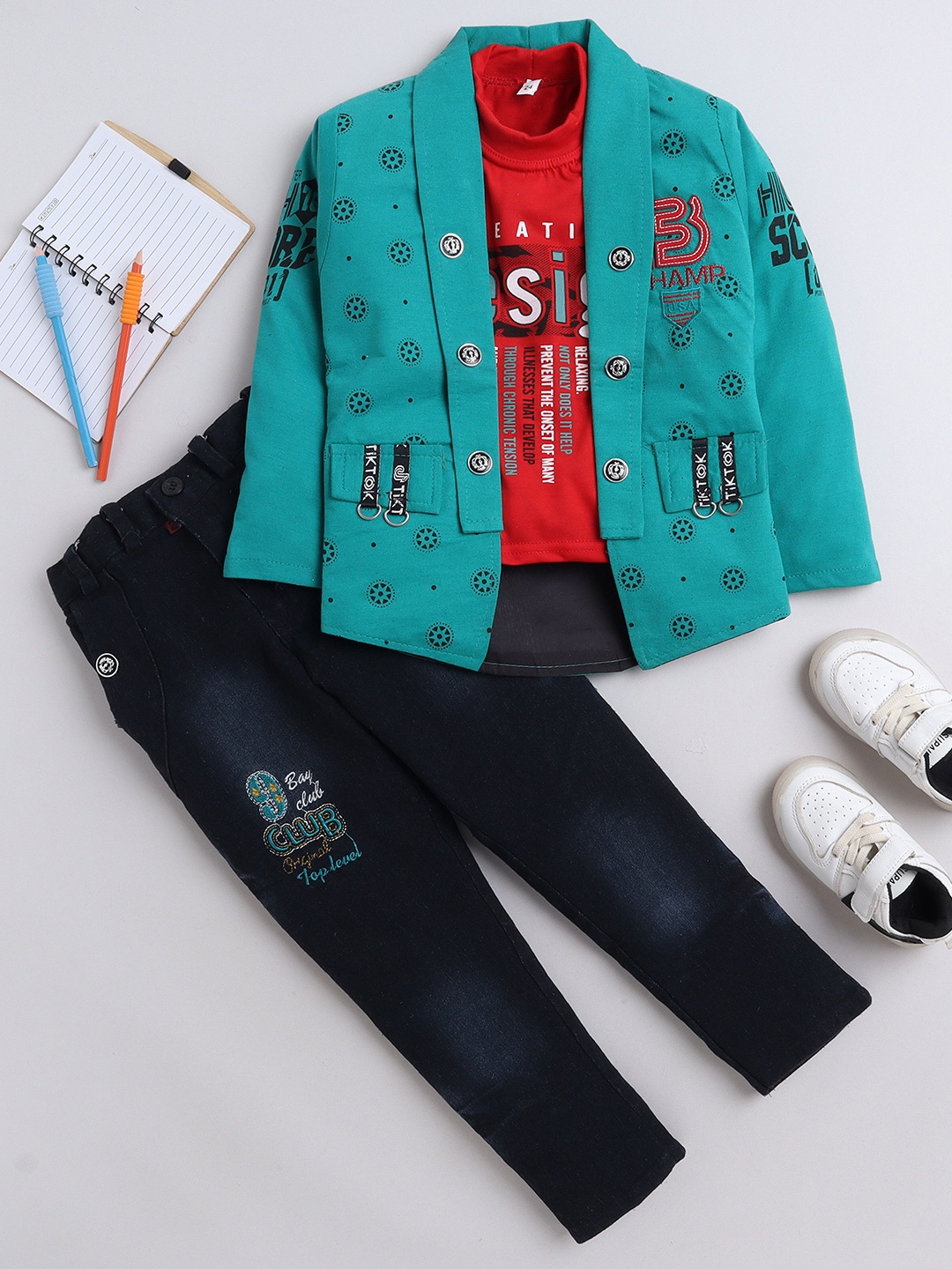 

BAESD Boys Printed T-shirt & Jeans With Jacket, Red