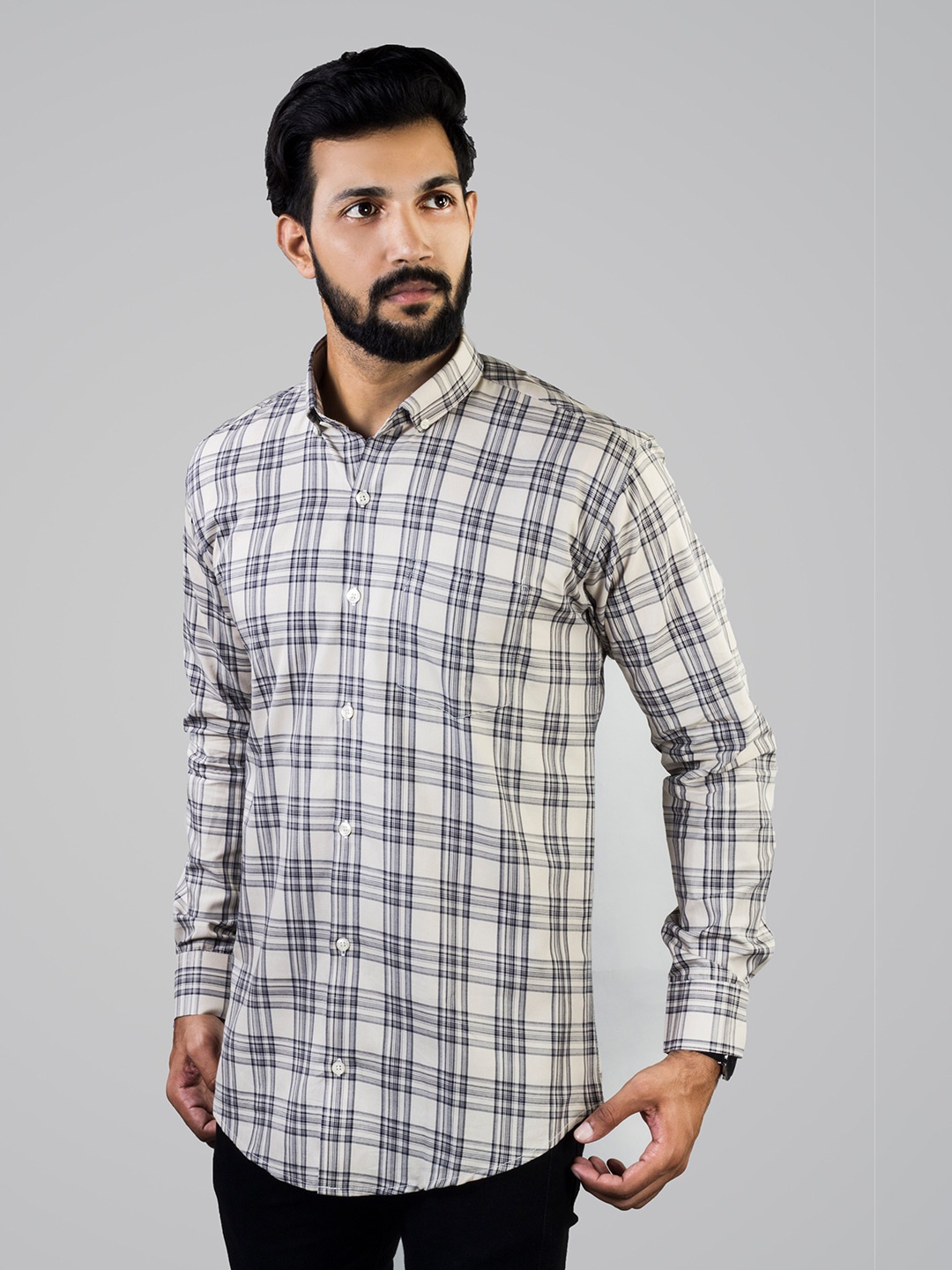 

INDIAN THREADS Slim Fit Tartan Checked Button-Down Collar Casual Shirt, Cream