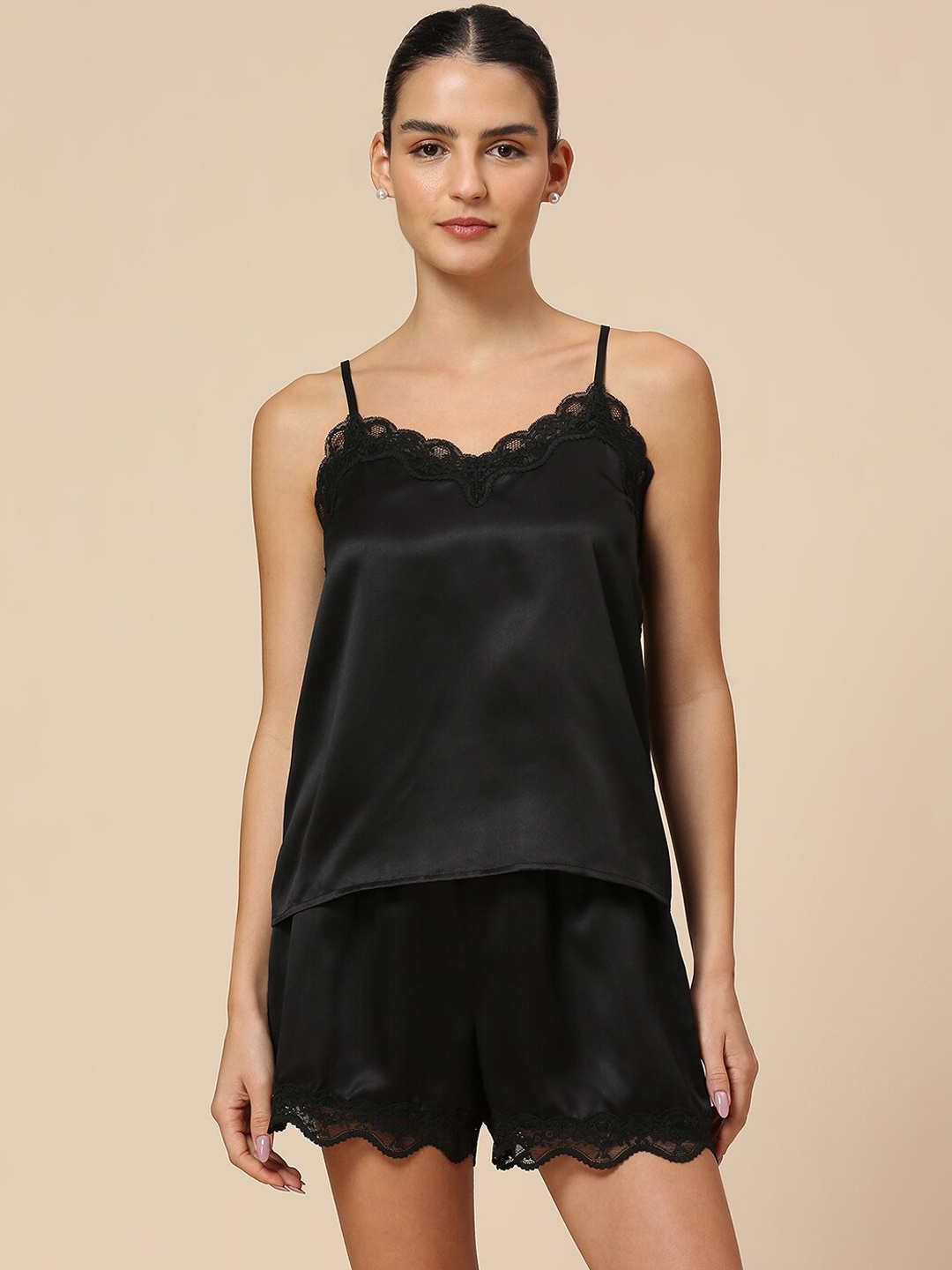 

Chemistry Shoulder Straps Sleeveless Lace Cami & Shorts, Black