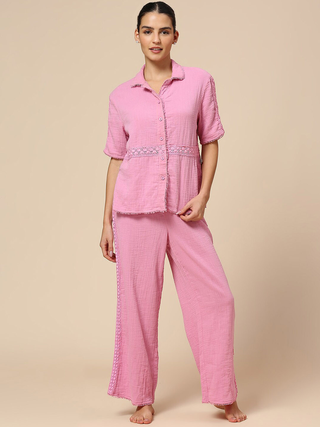 

Chemistry Shirt Collar Pure Cotton Night suit, Pink