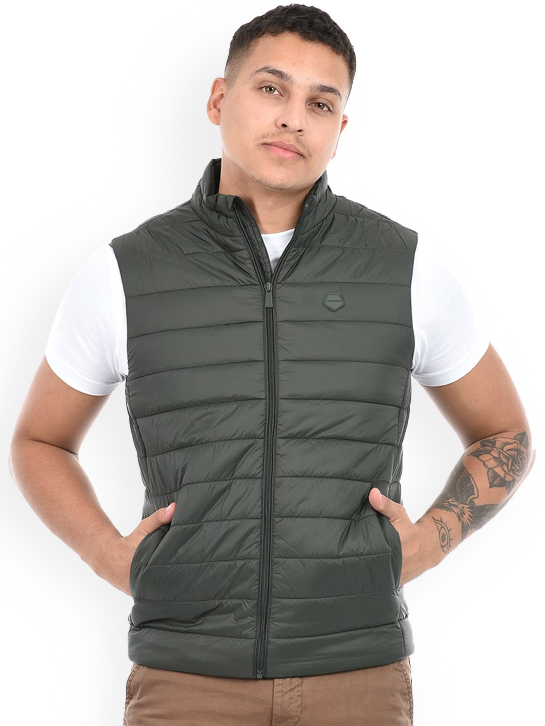 

Octave Mock Collar Sleeveless Puffer Jacket, Green
