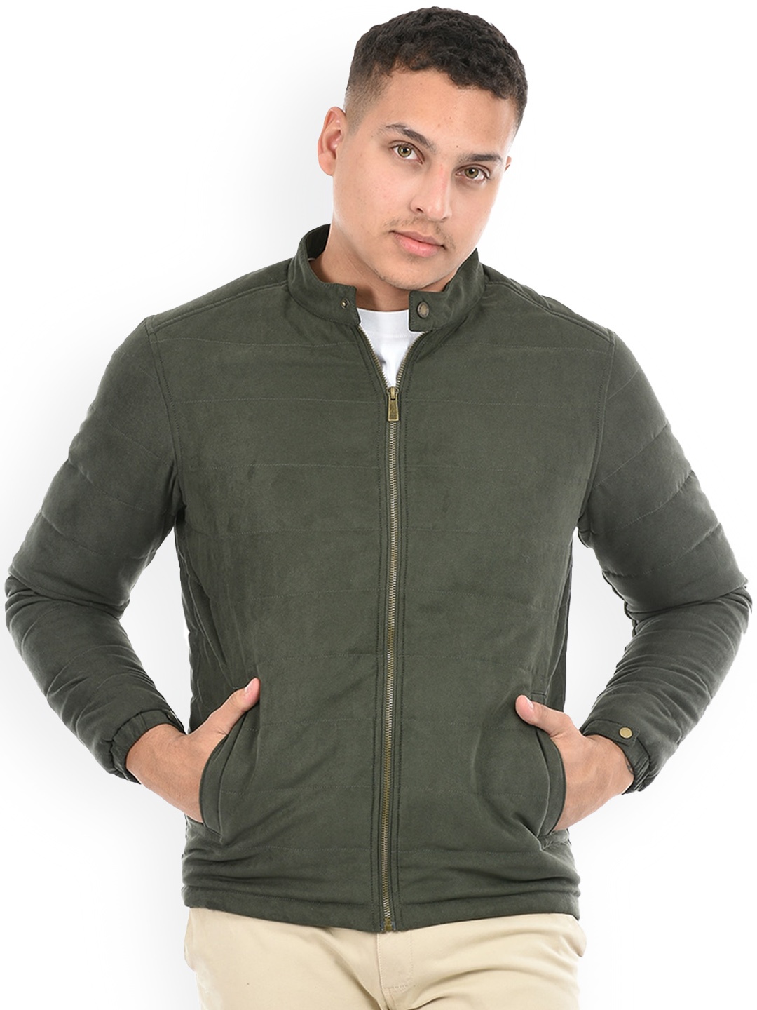 

Octave Mock Collar Long Sleeves Suede Bomber Jacket, Green