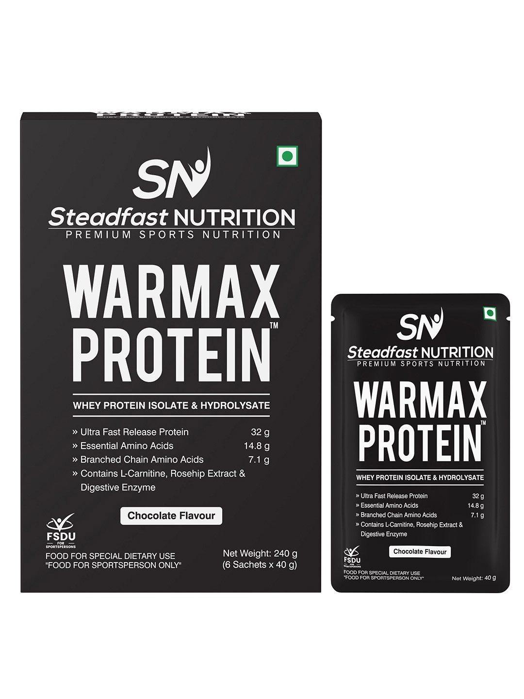 

Steadfast Nutrition Pack of 6 Chocolate Flavour Warmax Protein -40gm each, Black