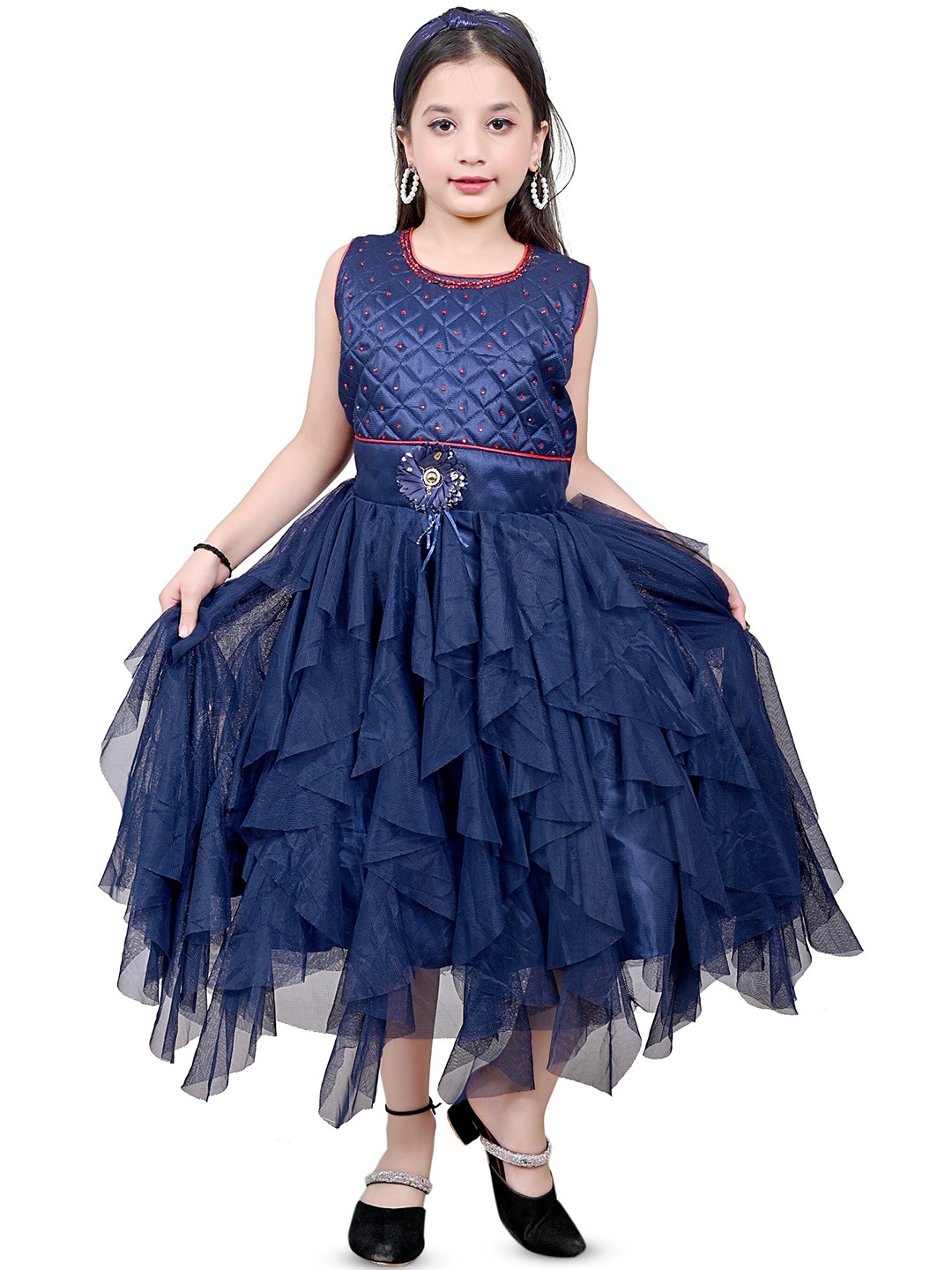 

BAESD Girls Self Design Round Neck Ruffled Net Fit & Flare Dress, Blue