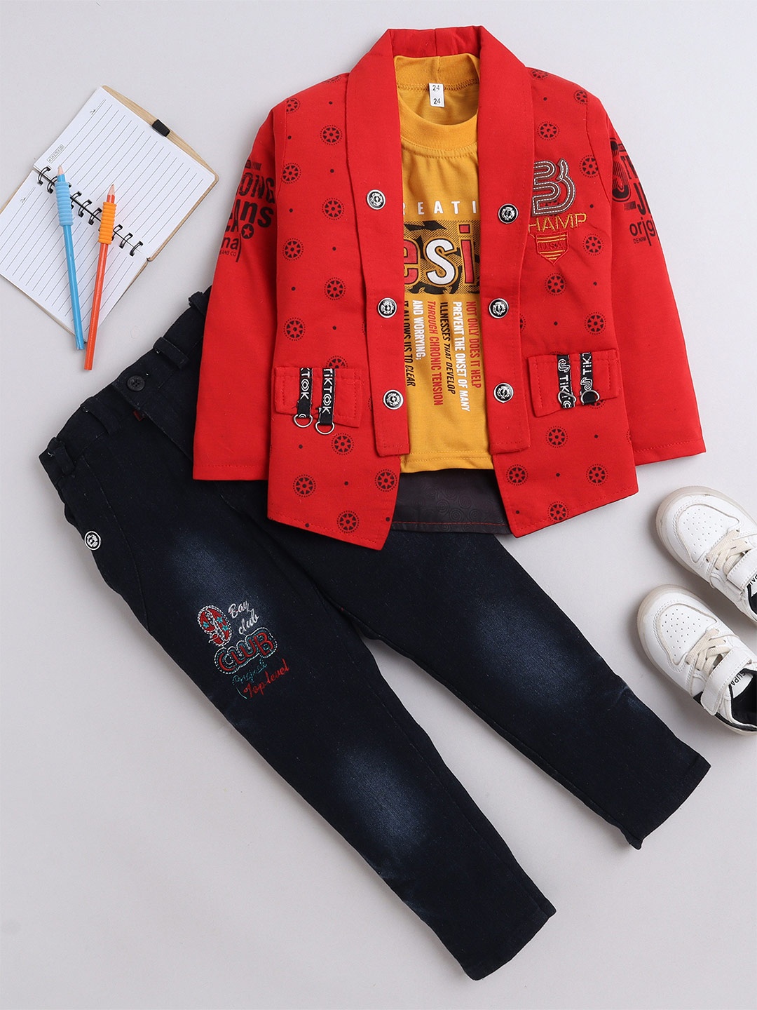 

FOURFOLDS Boys Typography Printed Pure Cotton T-shirt & Trousers With Jacket, Red