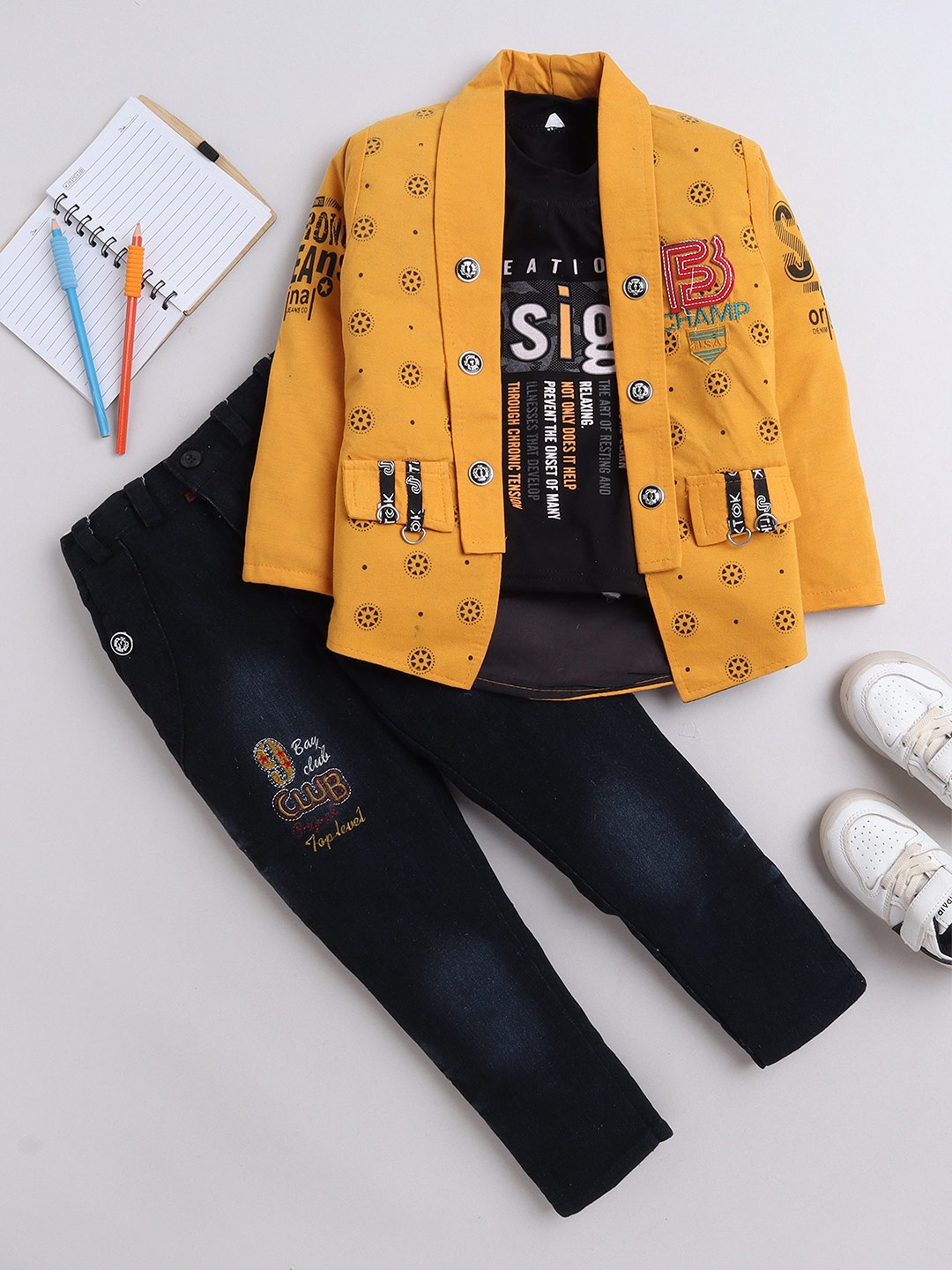 

FOURFOLDS Boys Typography Printed Pure Cotton T-shirt & Trousers With Jacket, Mustard