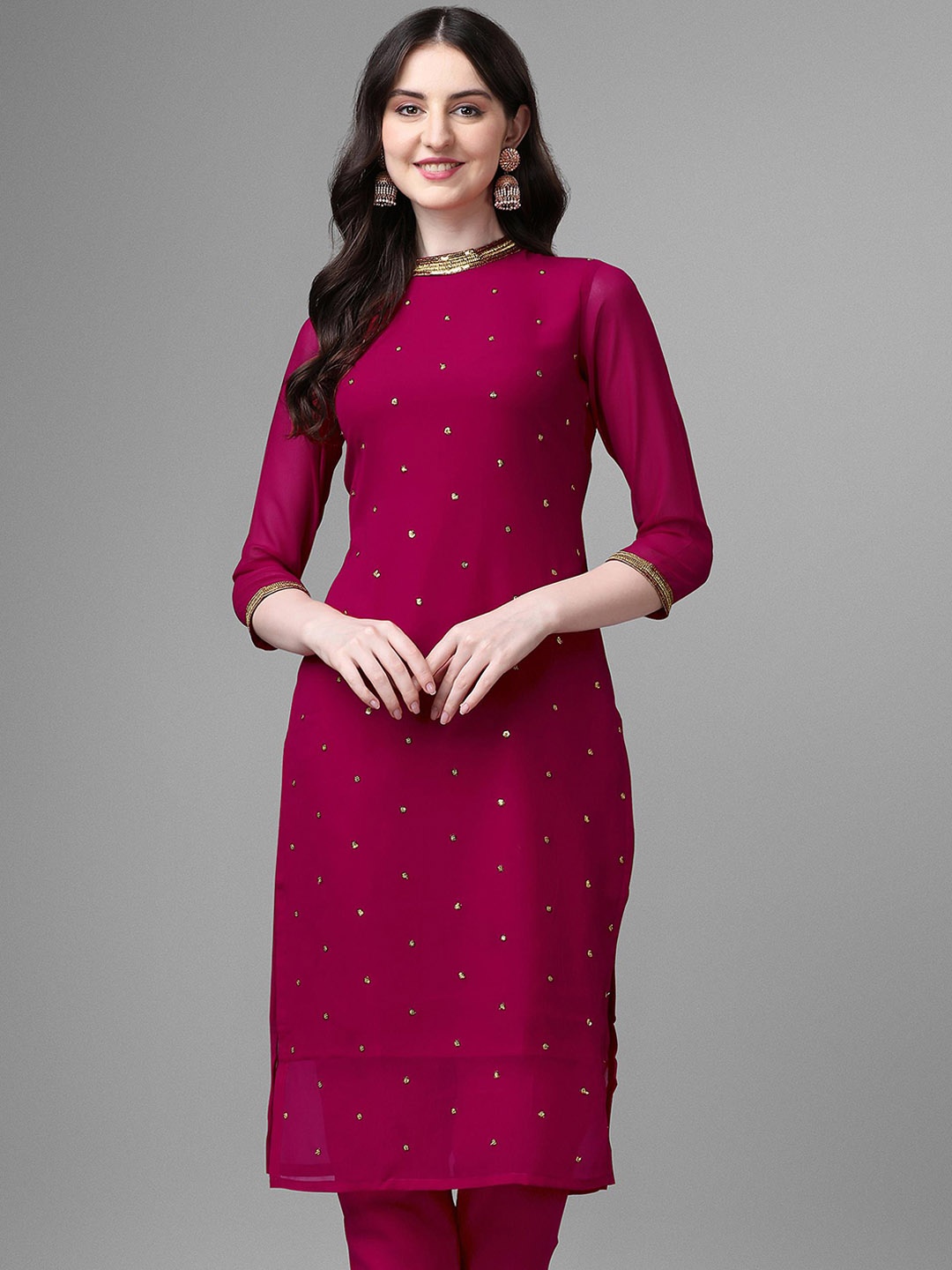 

SVENJA Geometric Embroidered Flared Sleeves Thread Work Georgette Kurta, Pink