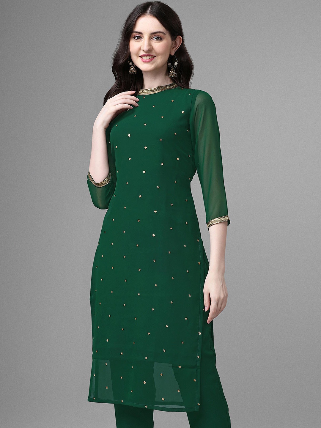 

SVENJA Geometric Embroidery Georgette Kurta, Green