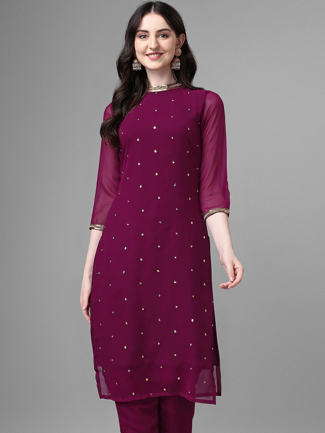 

SVENJA Geometric Embroidery Mirror Work Georgette Kurta, Purple