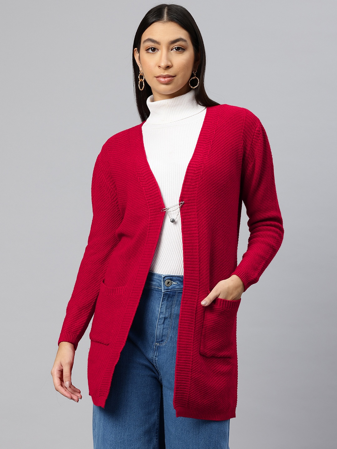 

Pierre Carlo Ribbed Longline Cardigan, Red