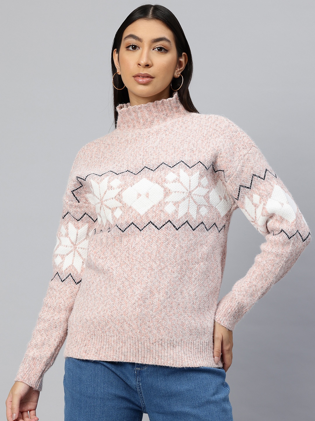 

Pierre Carlo Geometric Self Design Pullover, Pink