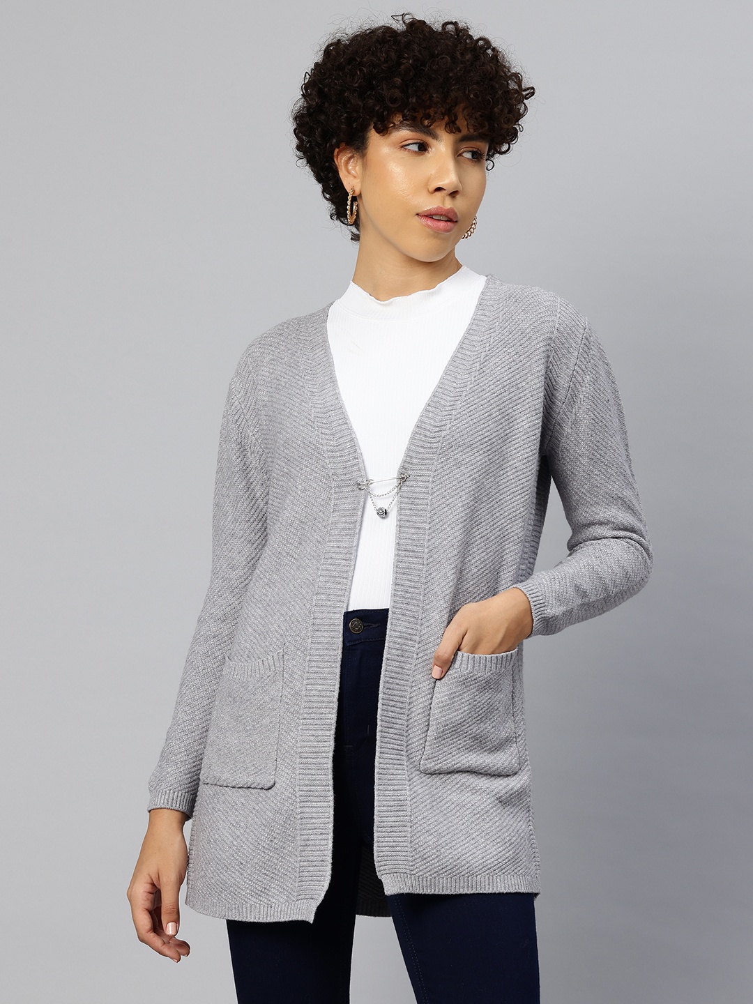 

Pierre Carlo Ribbed Longline Cardigan, Grey