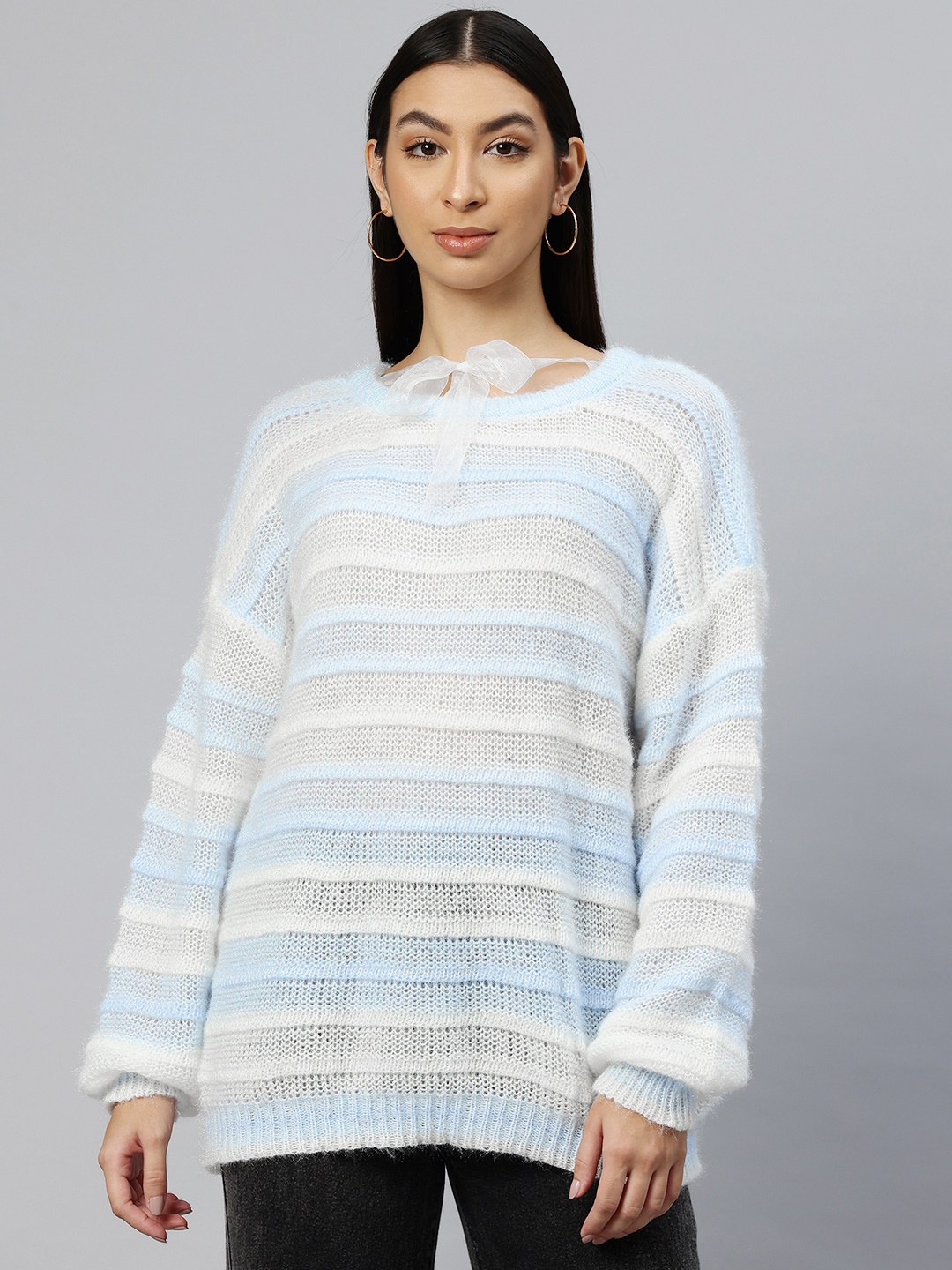 

Pierre Carlo Striped Longline Pullover, Blue