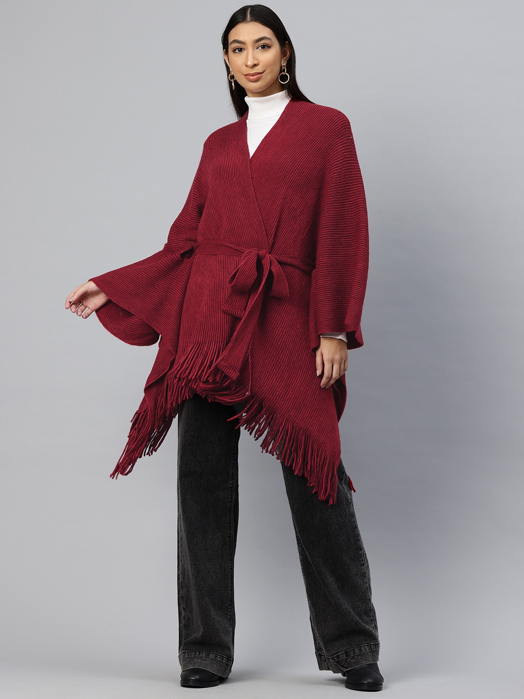 

Pierre Carlo Ribbed Front-Open Sweater with Belted Detail, Maroon