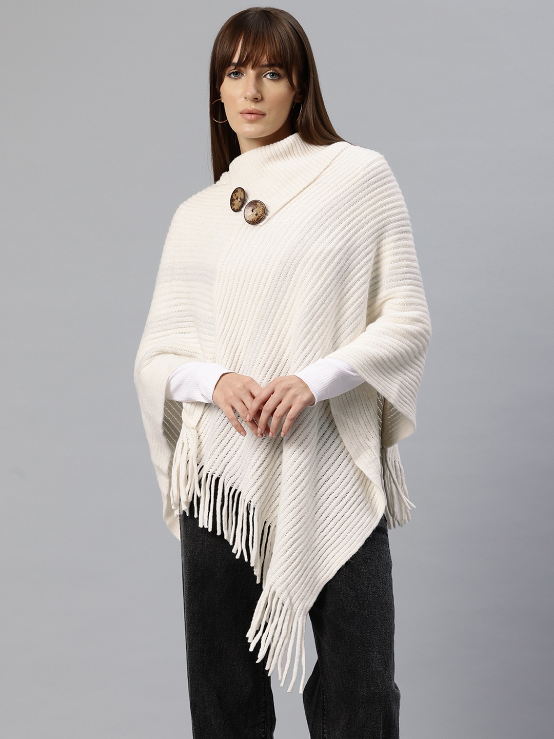 

Pierre Carlo Turtle Neck Longline Poncho, Off white