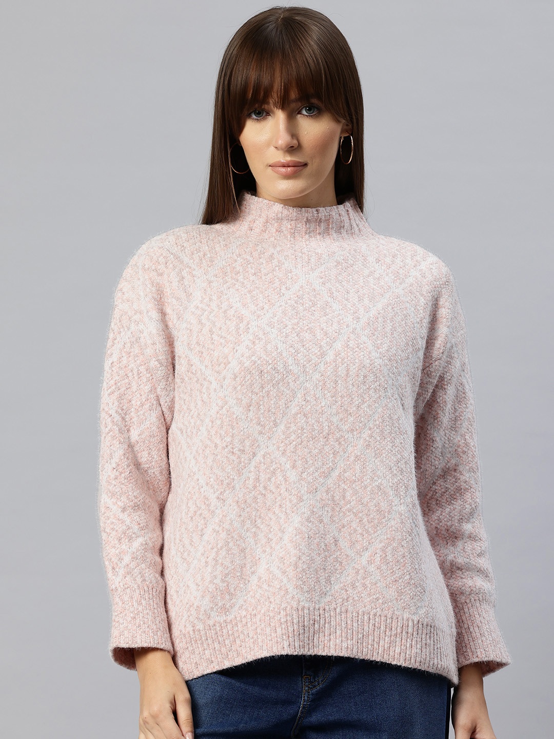 

Pierre Carlo Checked Turtle Neck Pullover, Pink