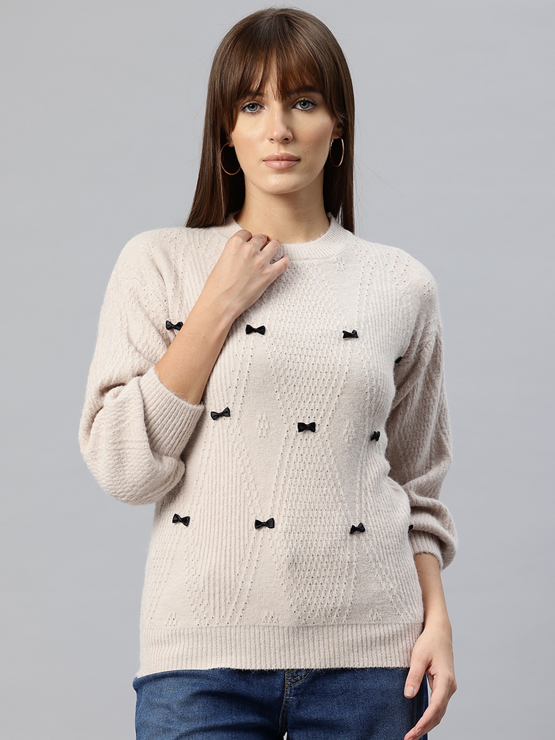 

Pierre Carlo Cable Knit Pullover with Applique Detail, Beige