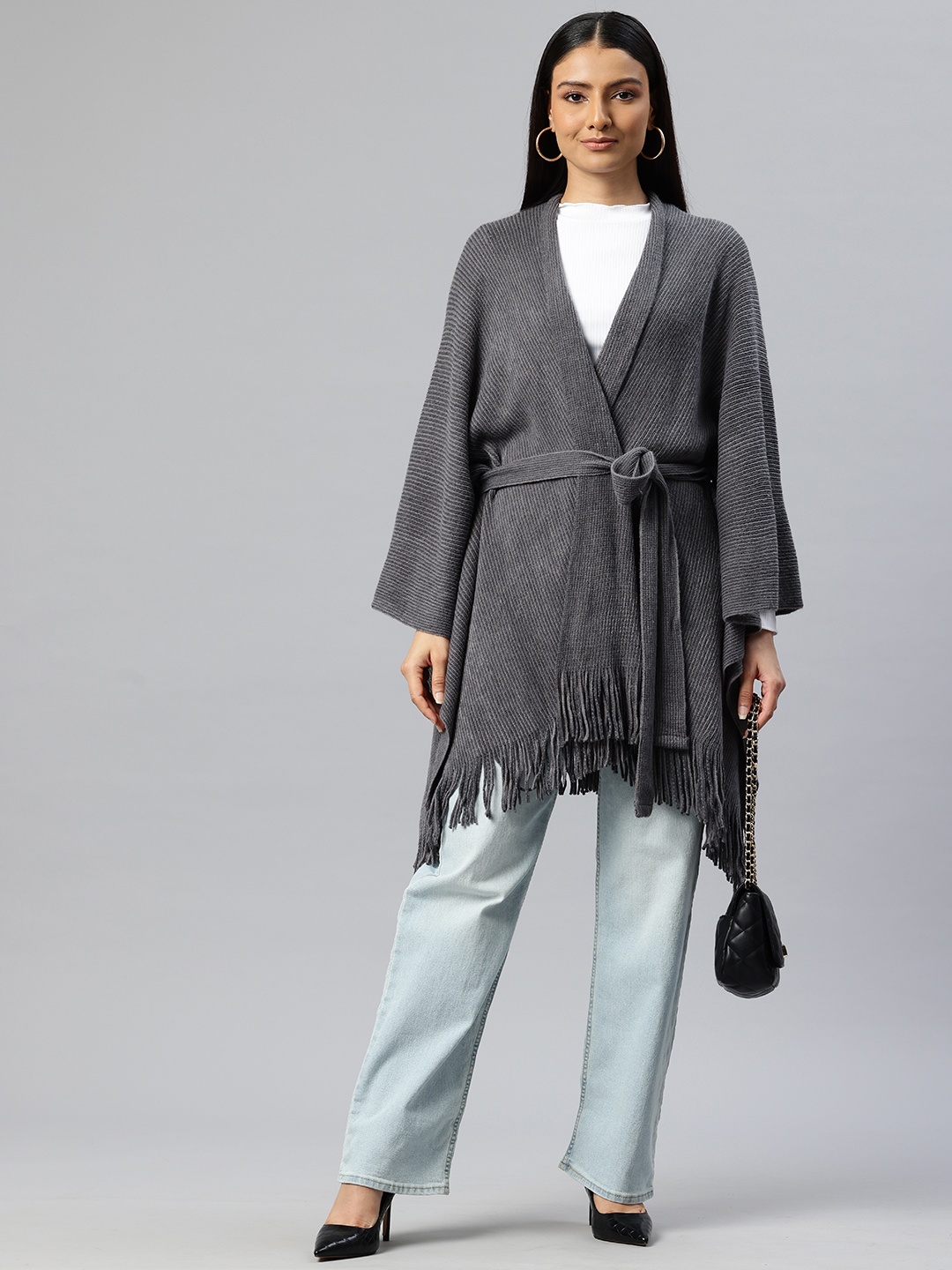 

Pierre Carlo Ribbed Cardigan with Belted Detail, Charcoal