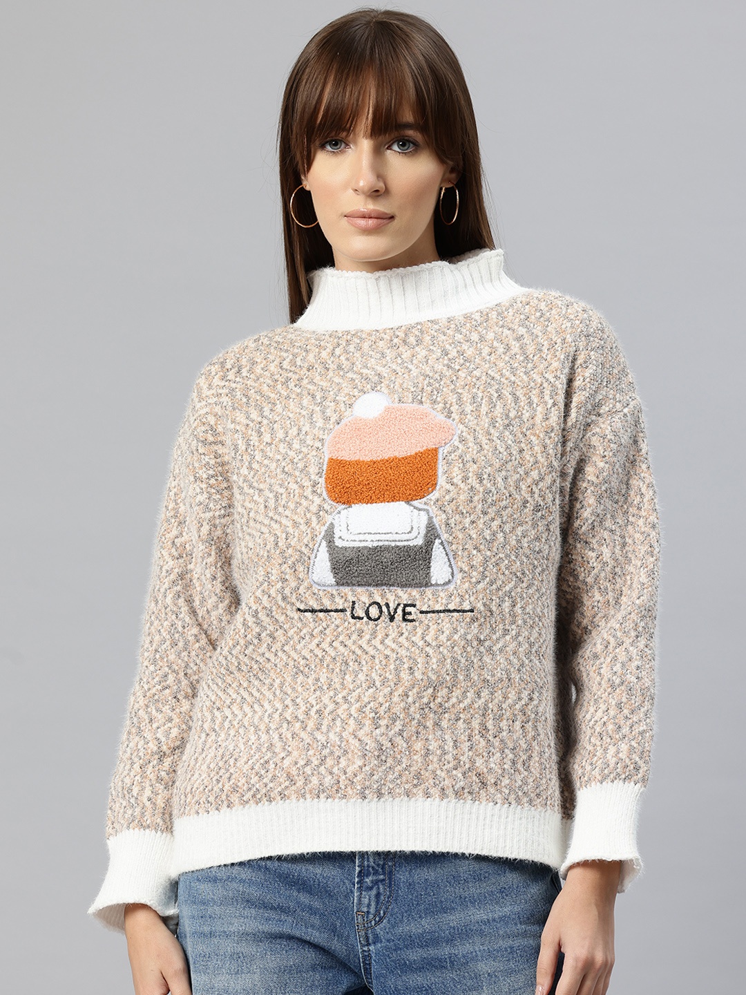 

Pierre Carlo Turtle Neck Pullover with Embroidered Detail, Beige