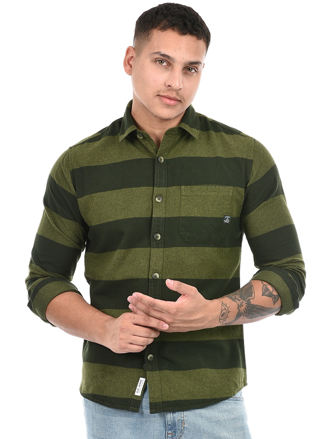 

Octave Horizontal Stripes Opaque Cotton Casual Shirt, Green