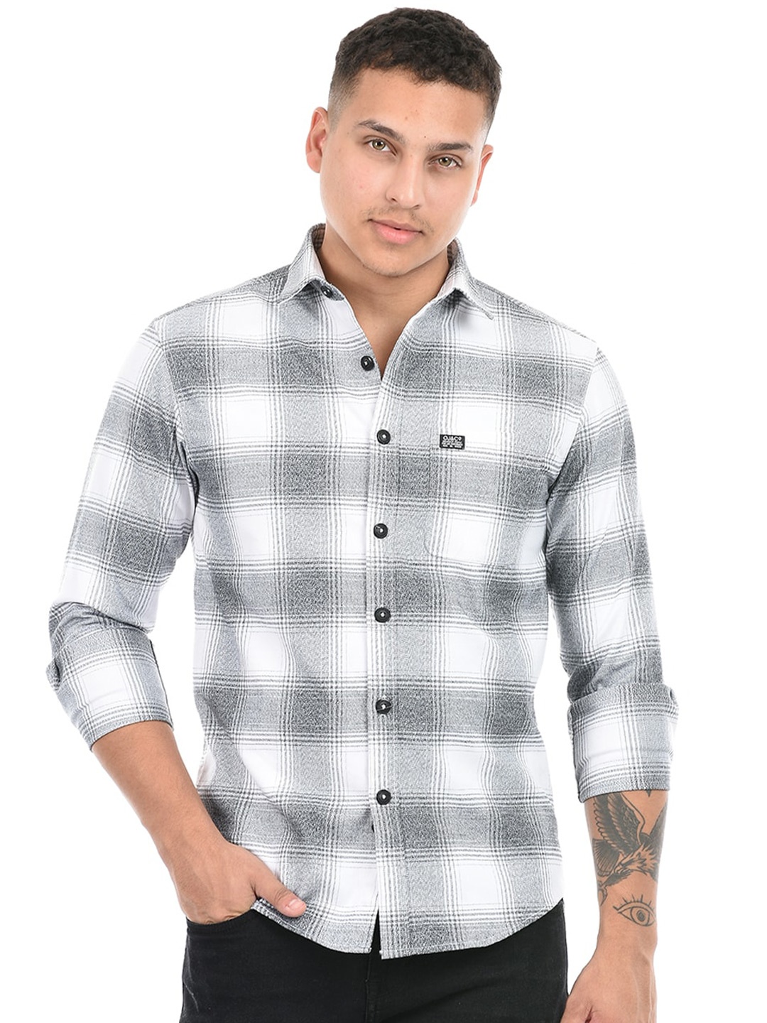 

Octave Opaque Spread Collar Checked Cotton Casual Shirt, White