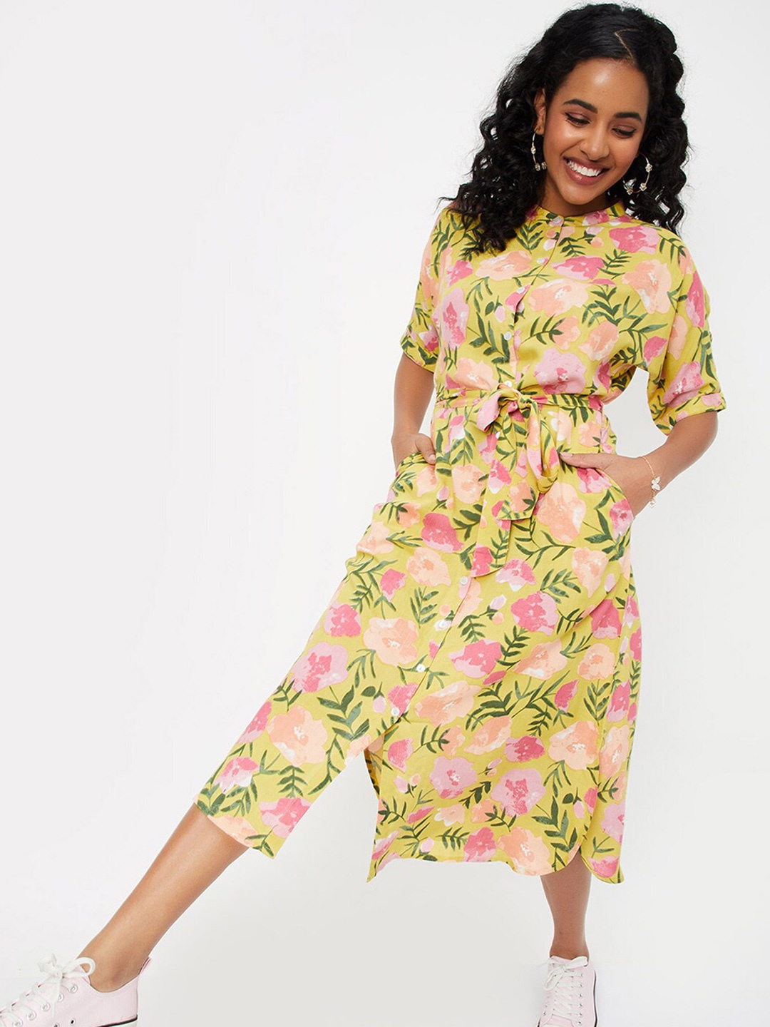 

max Floral Printed Belted Shirt Style Dress, Green
