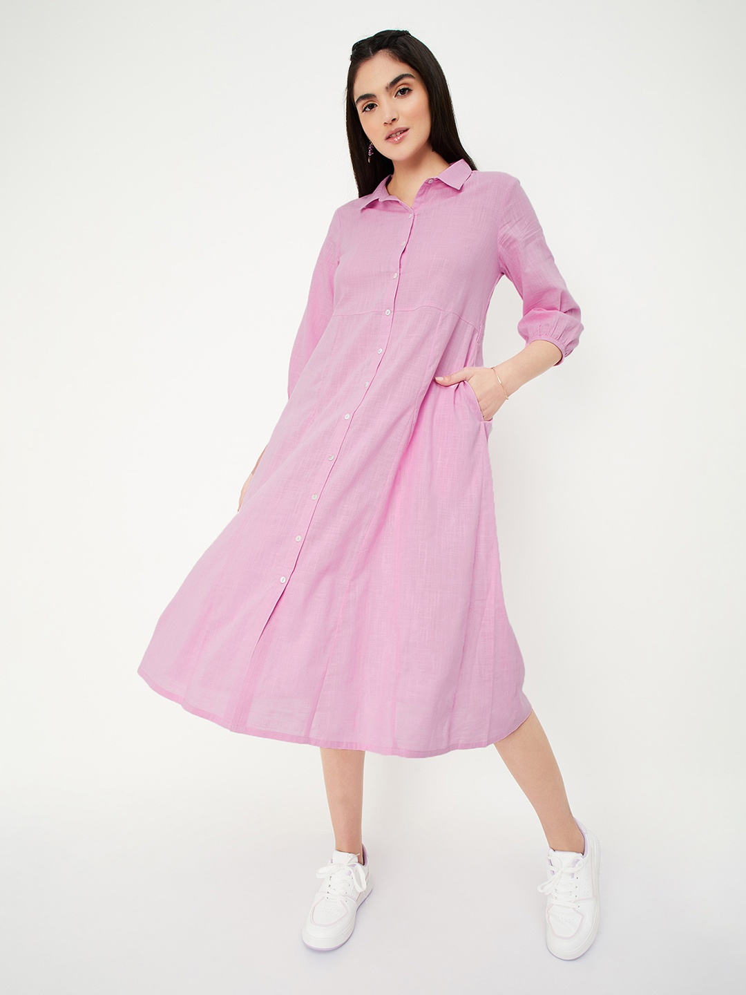 

max Shirt Collar Shirt Midi Dress, Purple